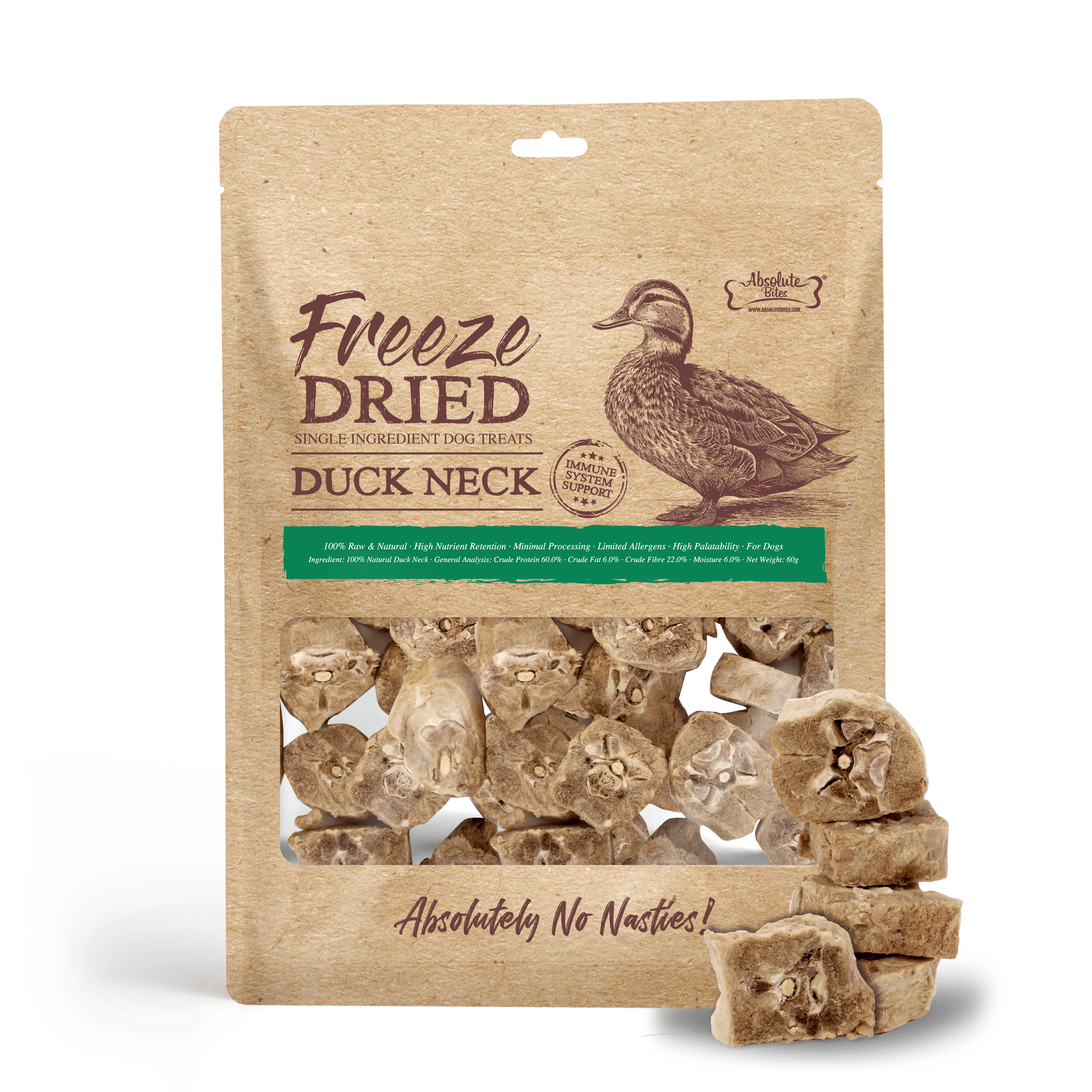 Absolute Bites Single Ingredient Freeze Dried Treats for Dogs - Duck Neck (60g)