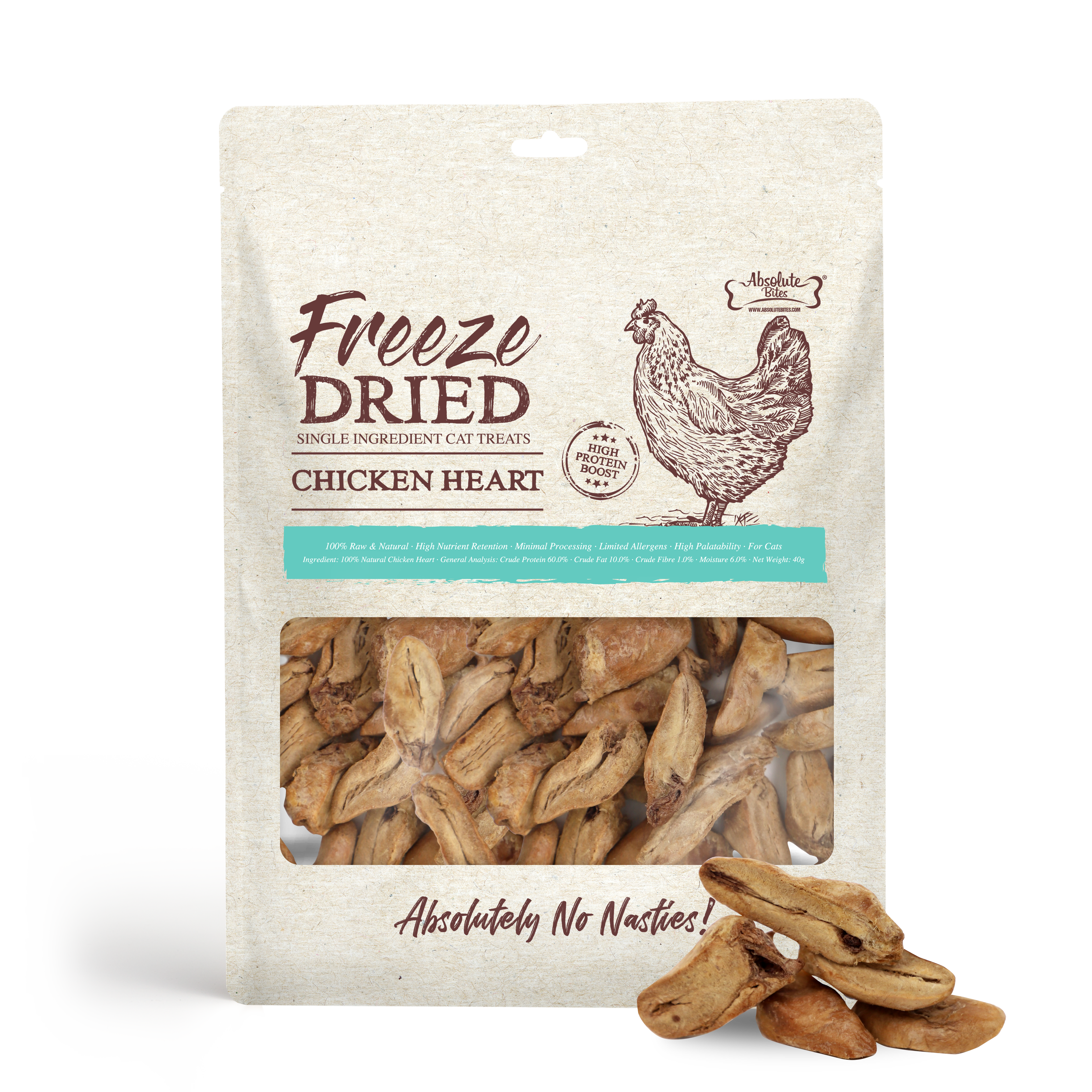 Absolute Bites Single Ingredient Freeze Dried Treats for Cats - Chicken Heart (40g)