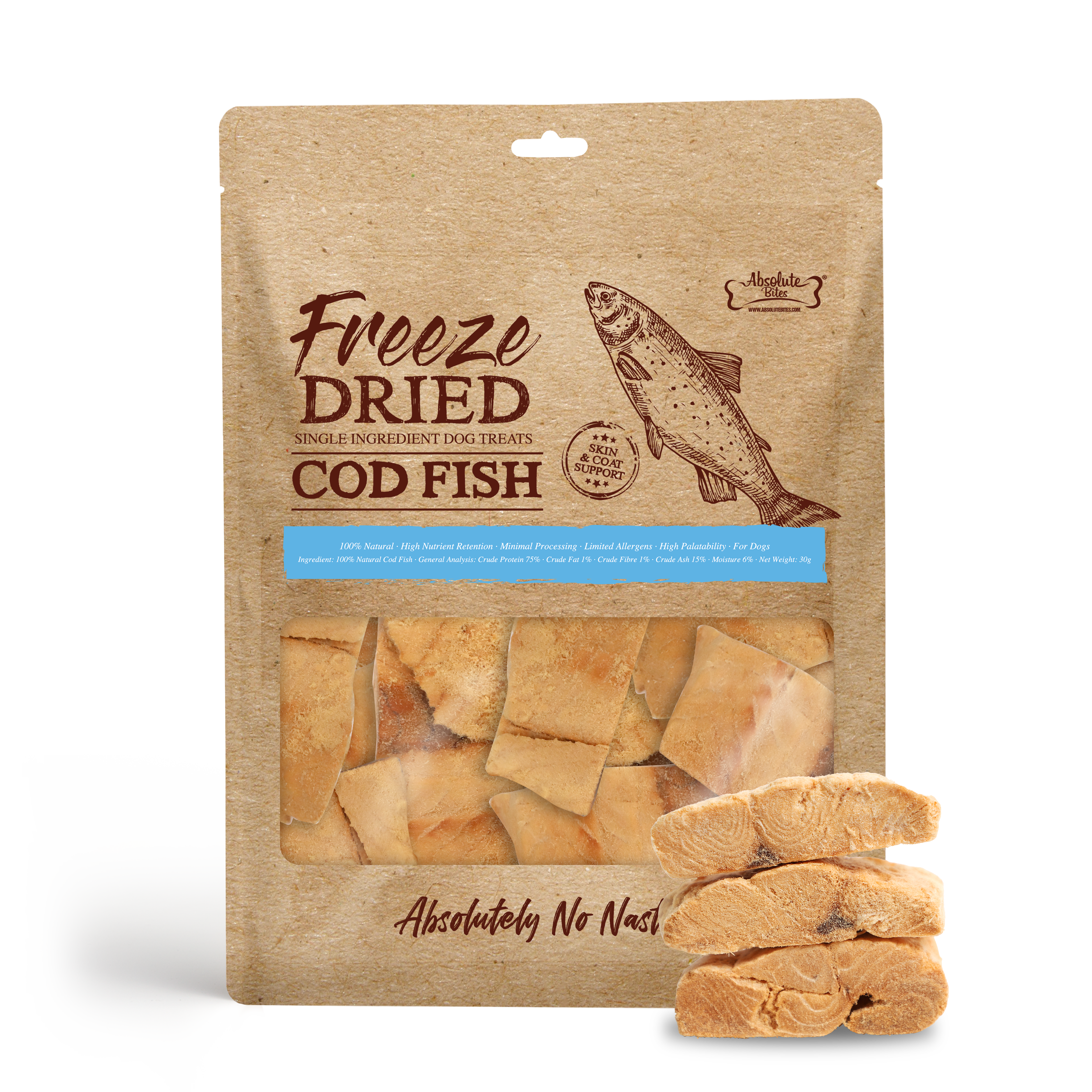 Absolute Bites Single Ingredient Freeze Dried Treats for Dogs - Cod Fish (30g)