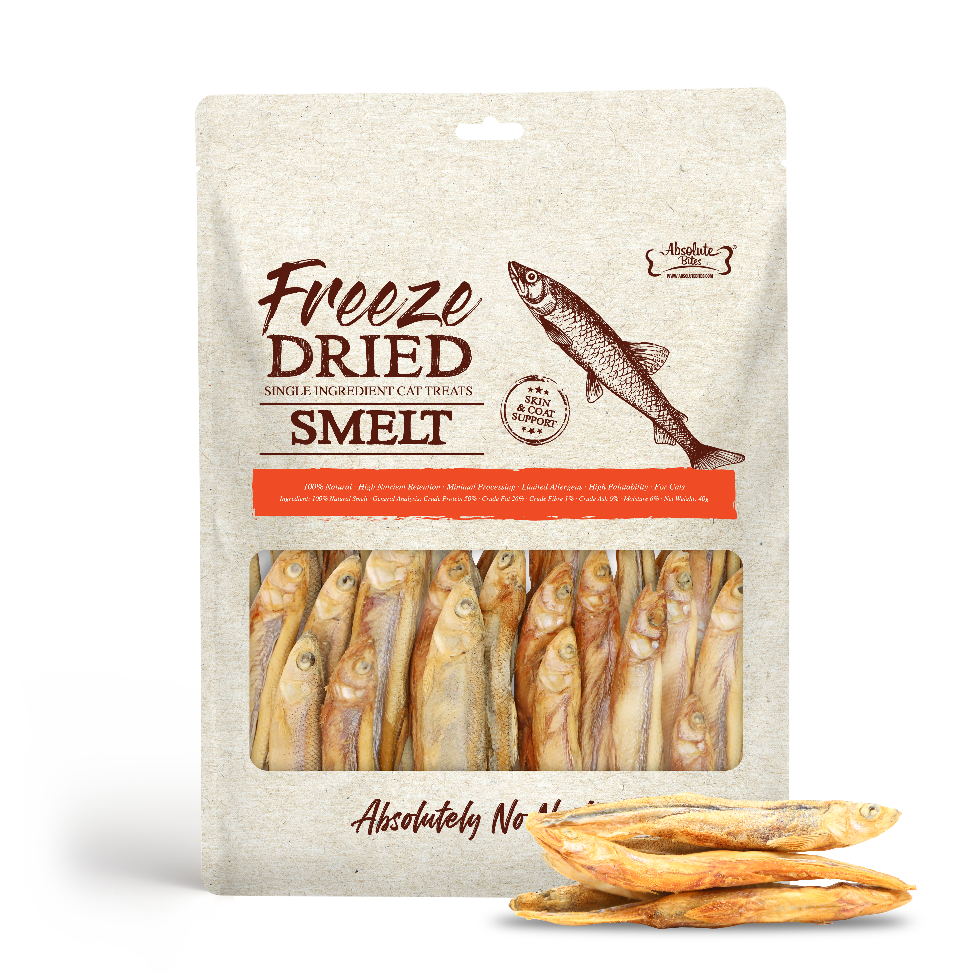 Absolute Bites Single Ingredient Freeze Dried Treats for Cats - Smelt (40g)
