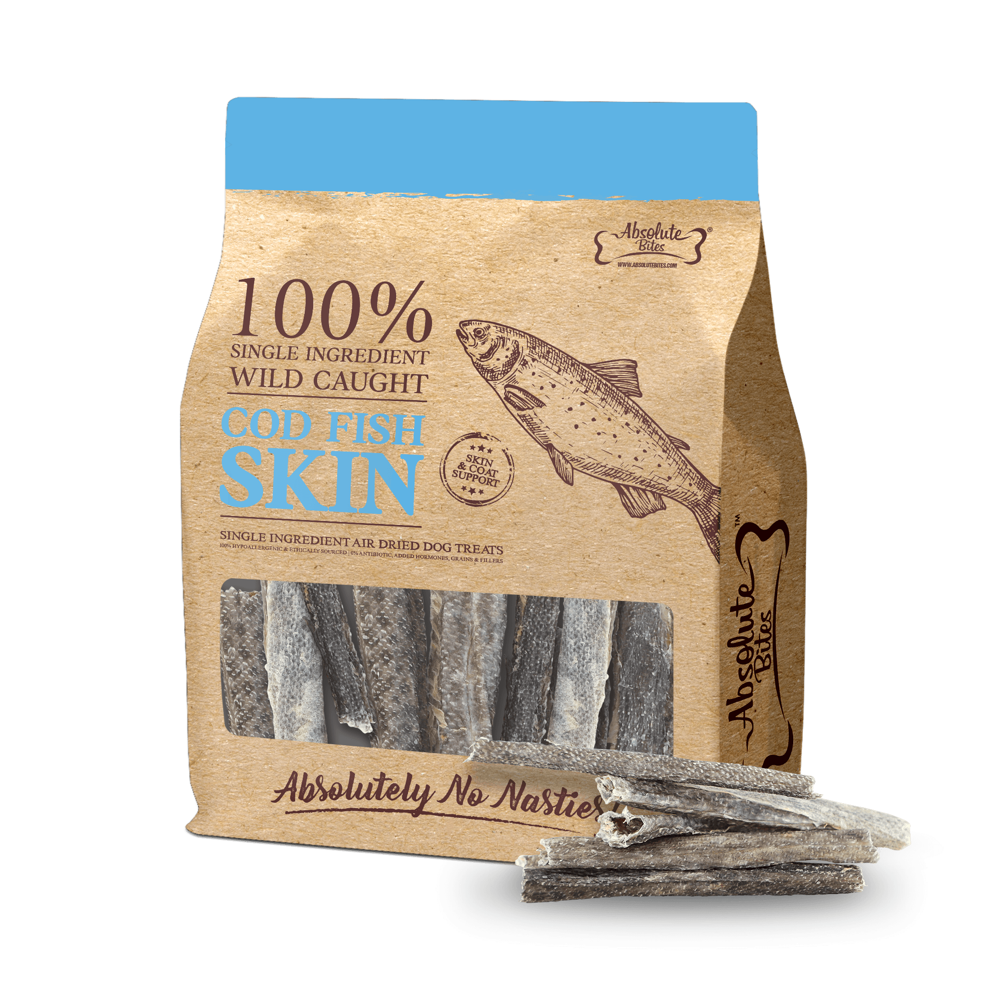 Absolute Bites Single Ingredient Air Dried Treats for Dogs - Cod Fish Skin (250g)