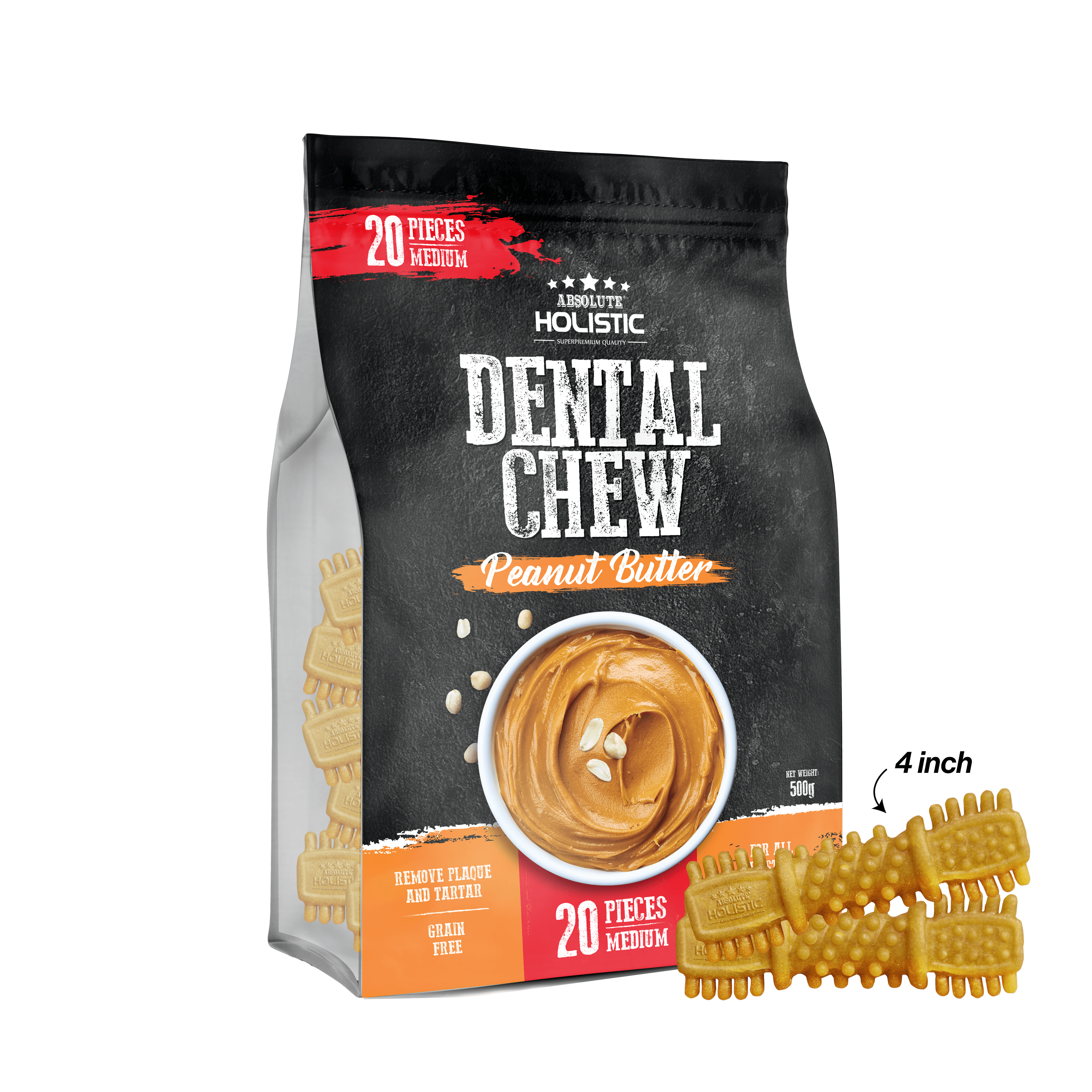 Absolute Peanut Butter Dog Dental Chew Jumbo Pack 500g (Medium - 20PCS)