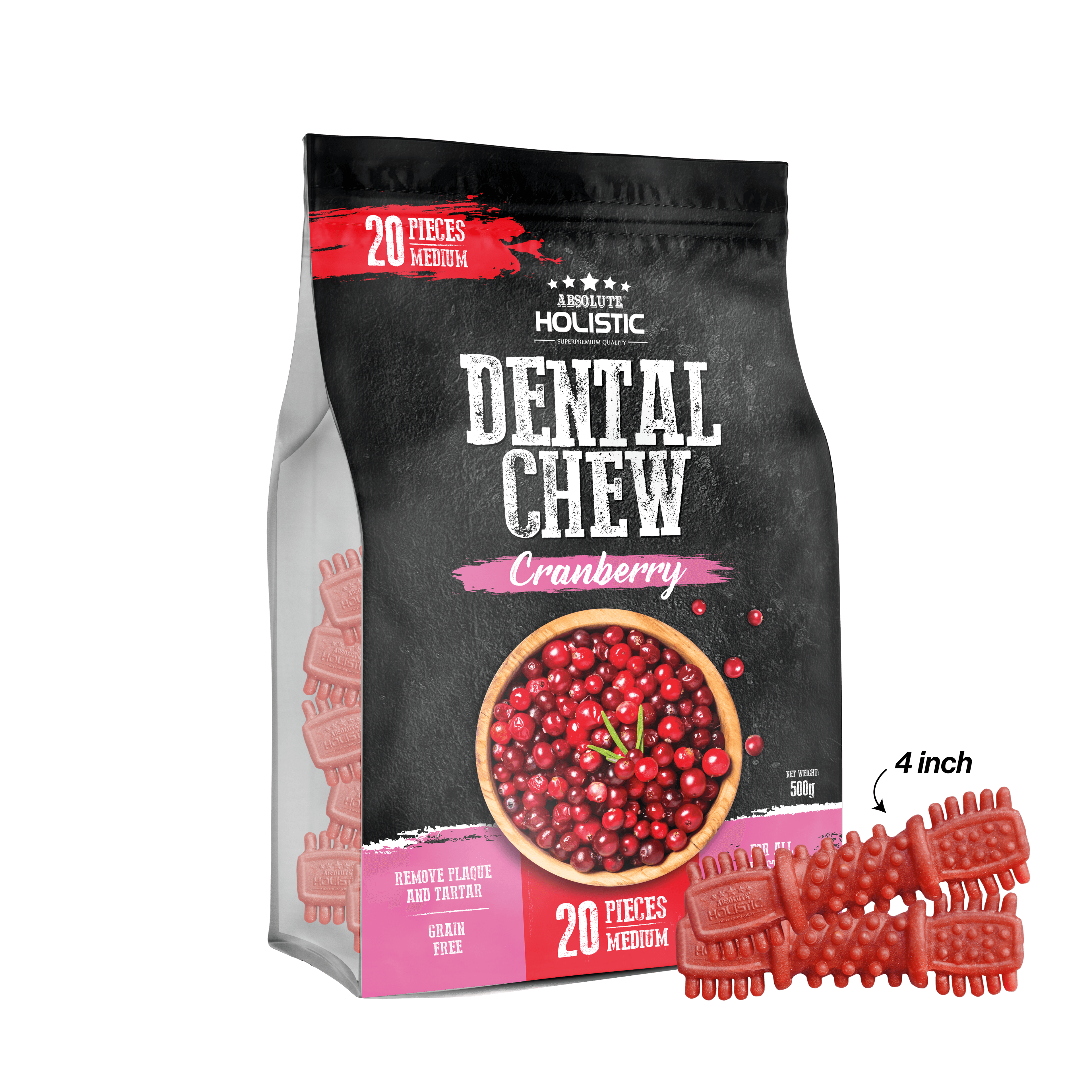 Absolute Cranberry Dog Dental Chew Jumbo Pack 500g (Medium - 20PCS)