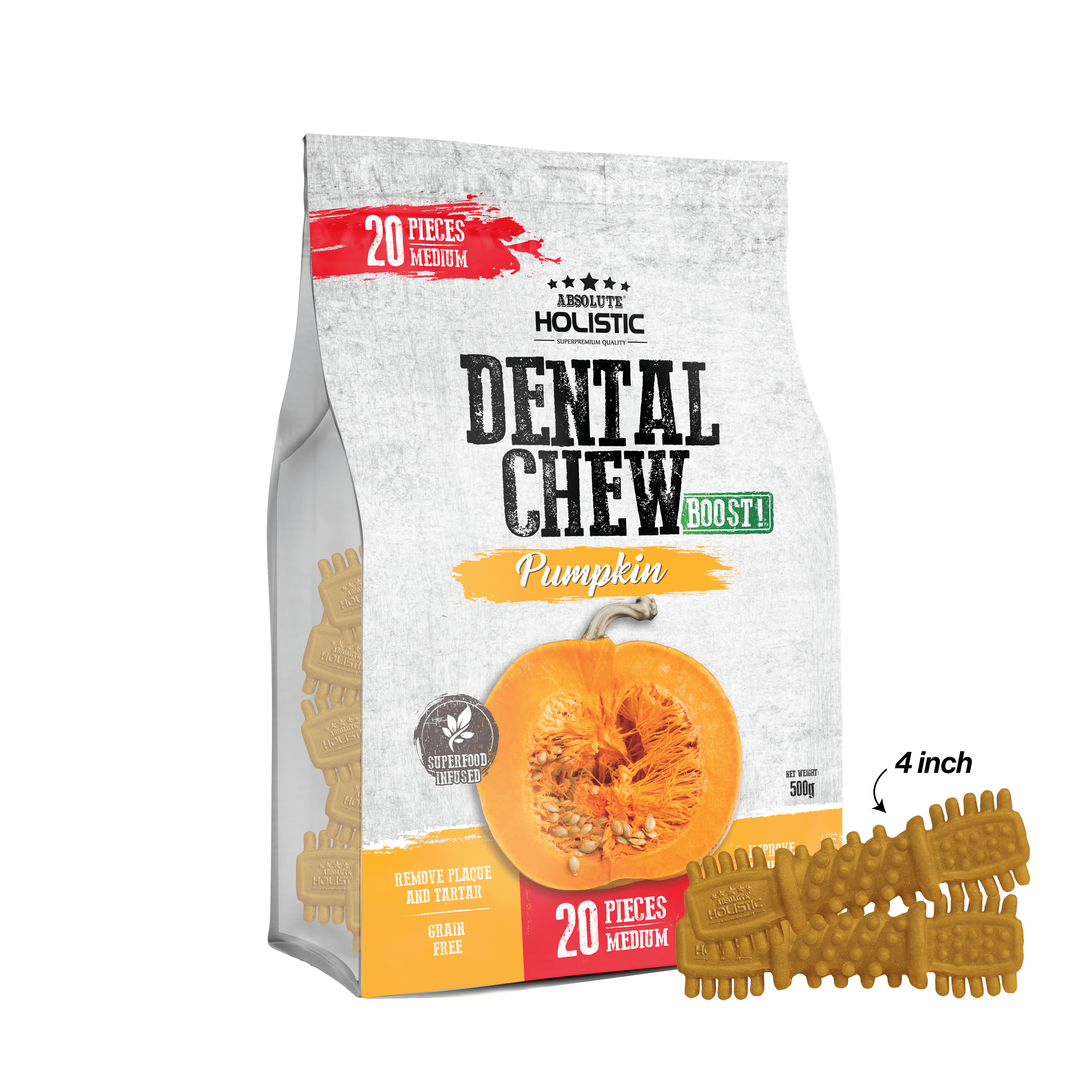 Absolute Boost! Pumpkin Dog Dental Chew Jumbo Pack 500g (Medium - 20PCS)