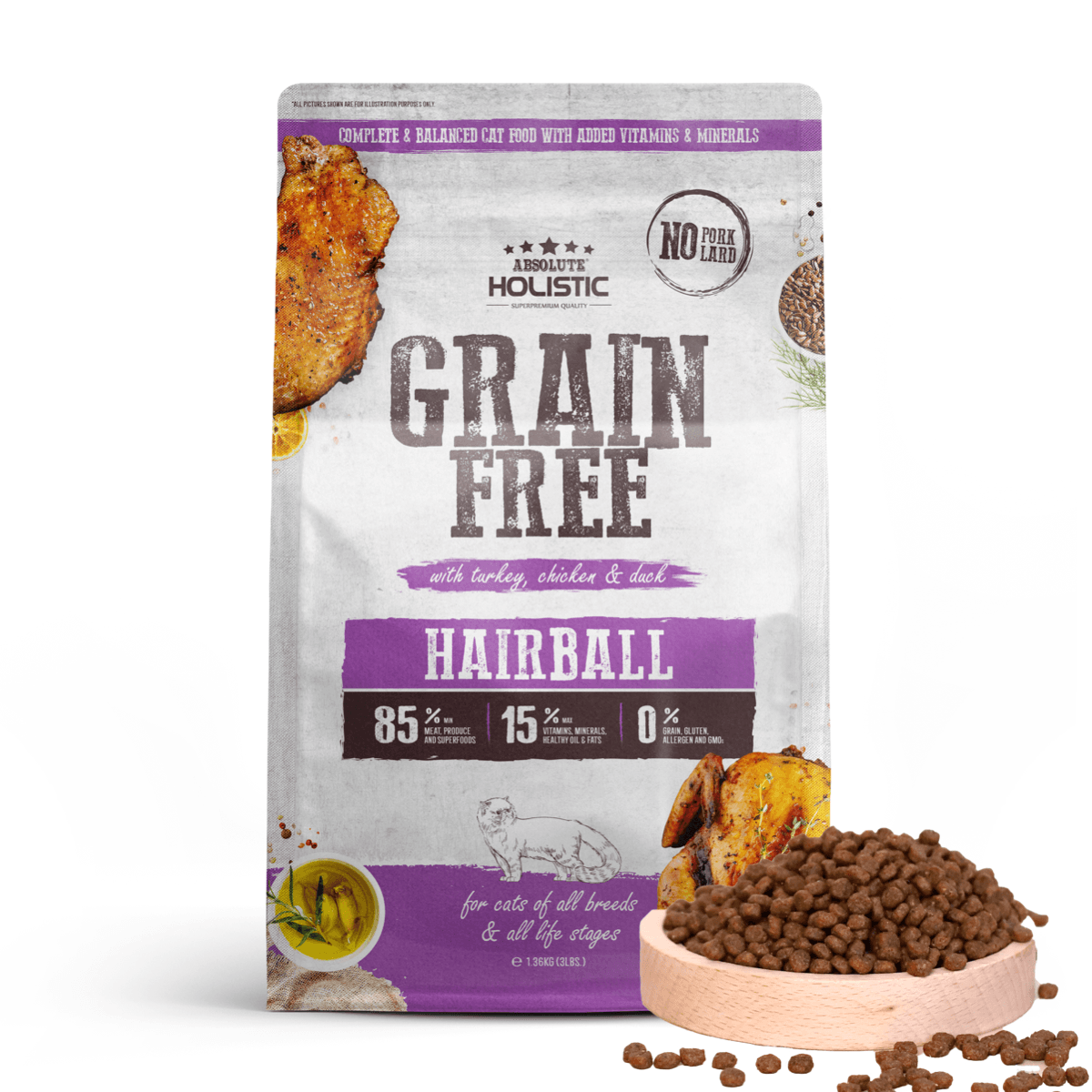 Absolute Holistic Grain Free Dry Cat Food - Hairball (3lbs)