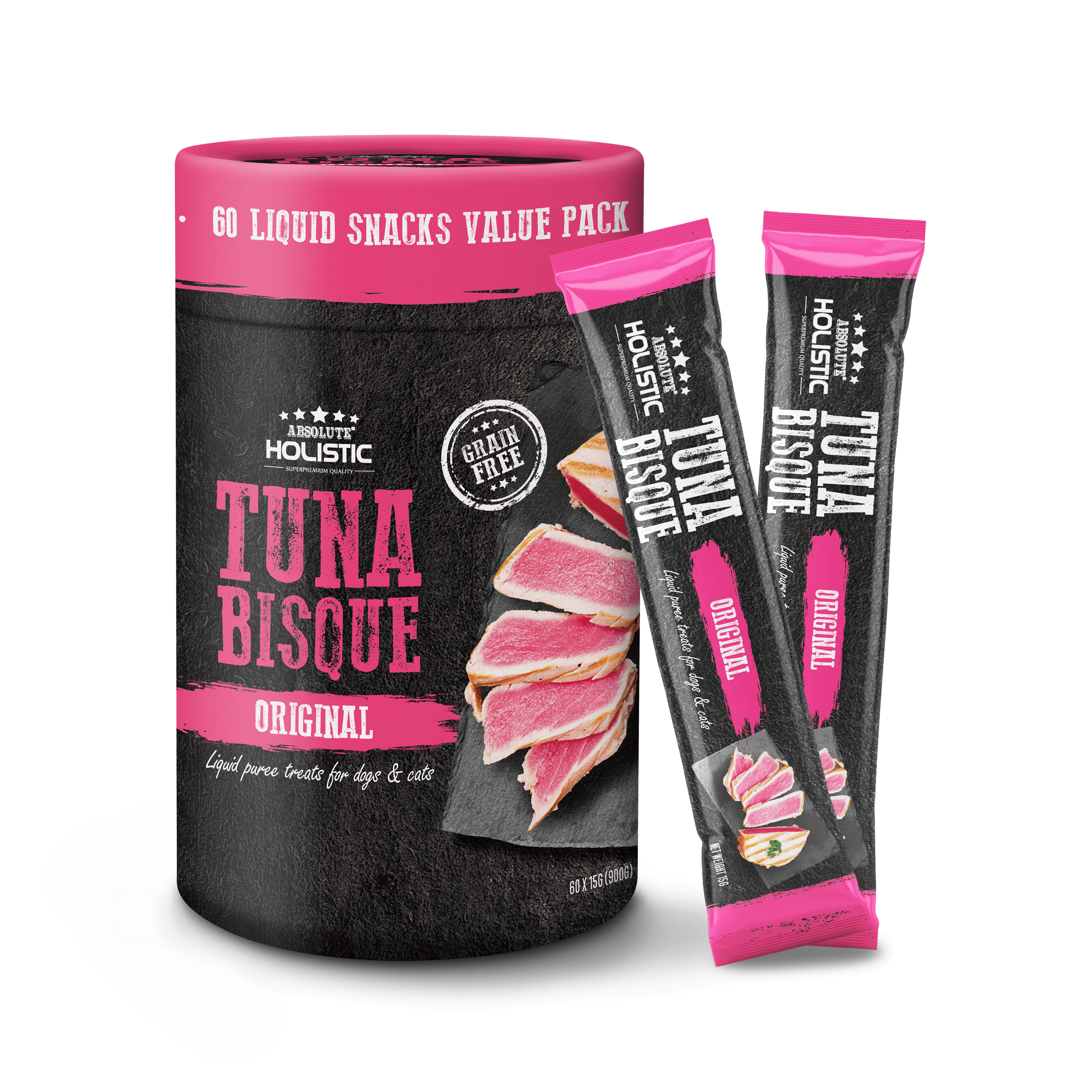 Absolute Holistic Liquid Treats for Cats & Dogs - Tuna Bisque Original (Tub) | (15g x 60 Sticks)