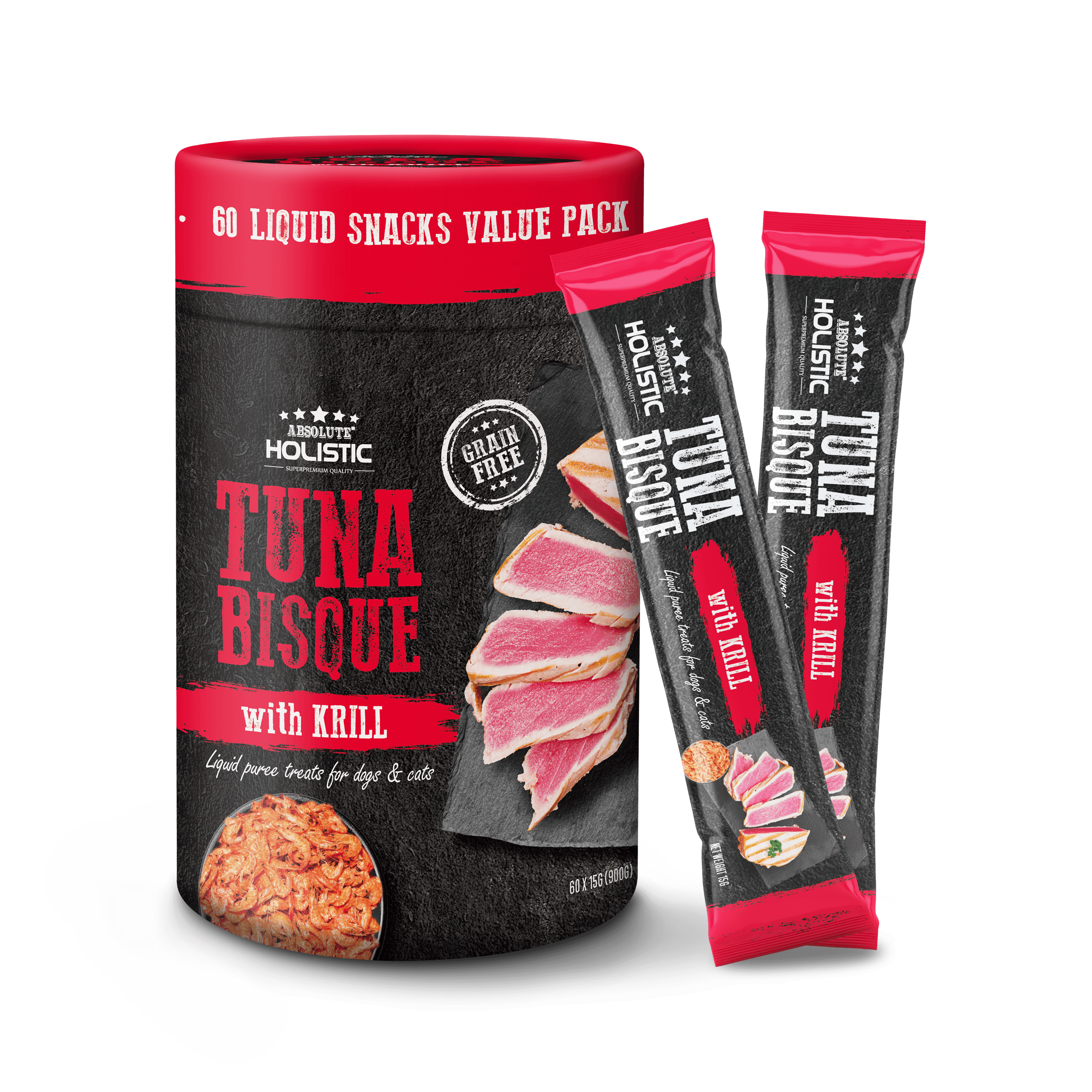 Absolute Holistic Liquid Treats for Cats & Dogs - Tuna Bisque with Krill (Tub) | (15g x 60 Sticks)