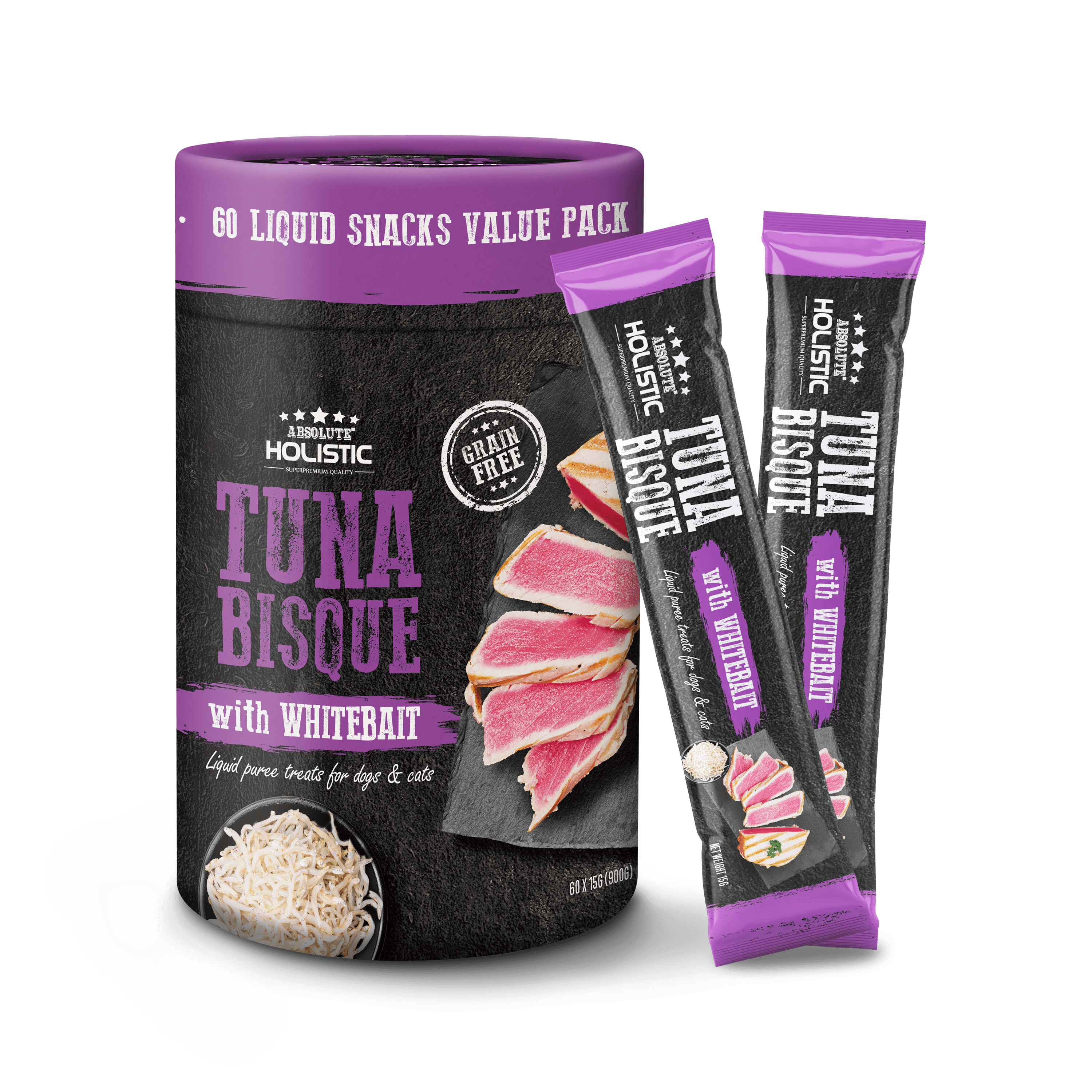 Absolute Holistic Liquid Treats for Cats & Dogs - Tuna Bisque with Whitebait (Tub) | (15g x 60 Sticks)