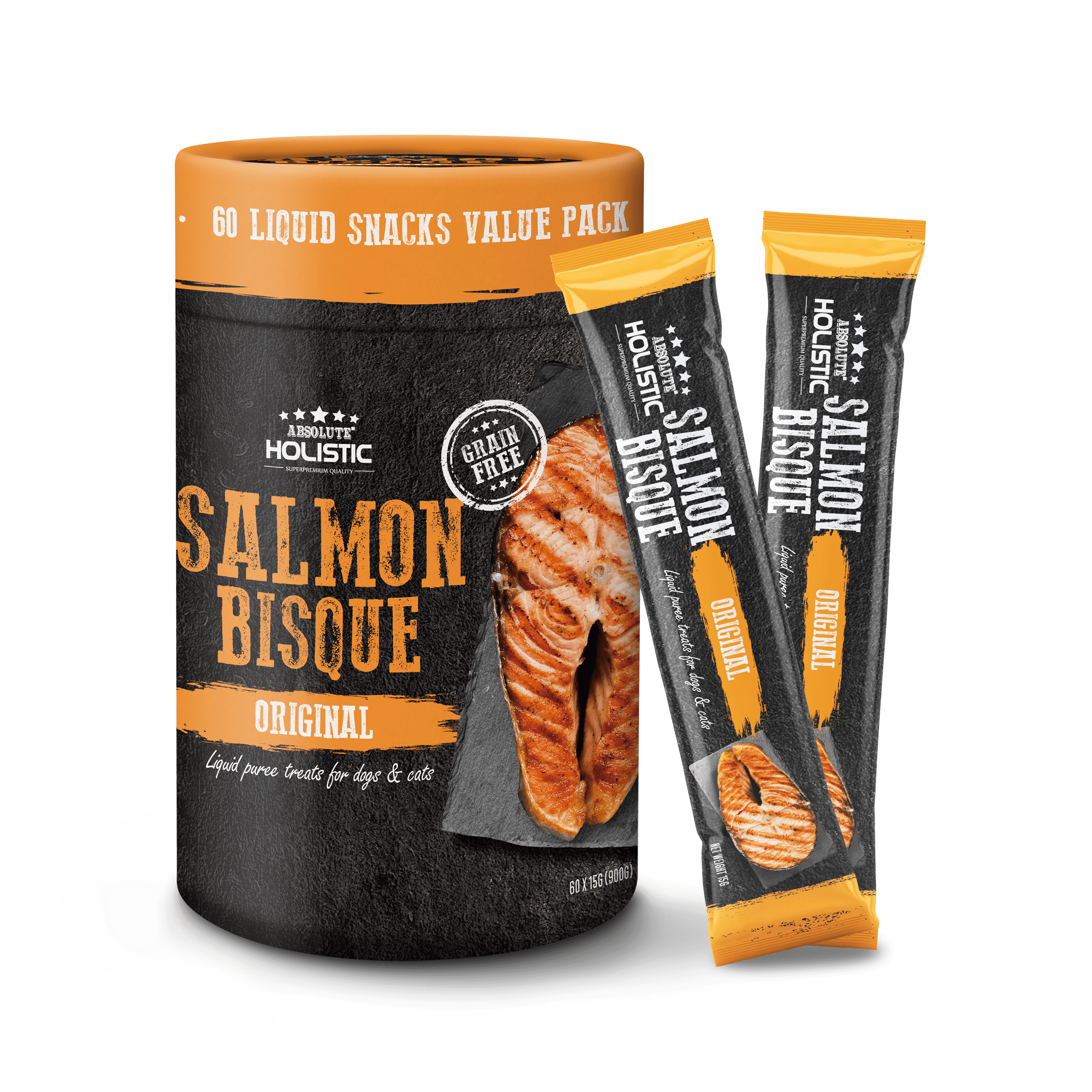 Absolute Holistic Liquid Treats for Cats & Dogs - Salmon Bisque Original (Tub) | (15g x 60 Sticks)
