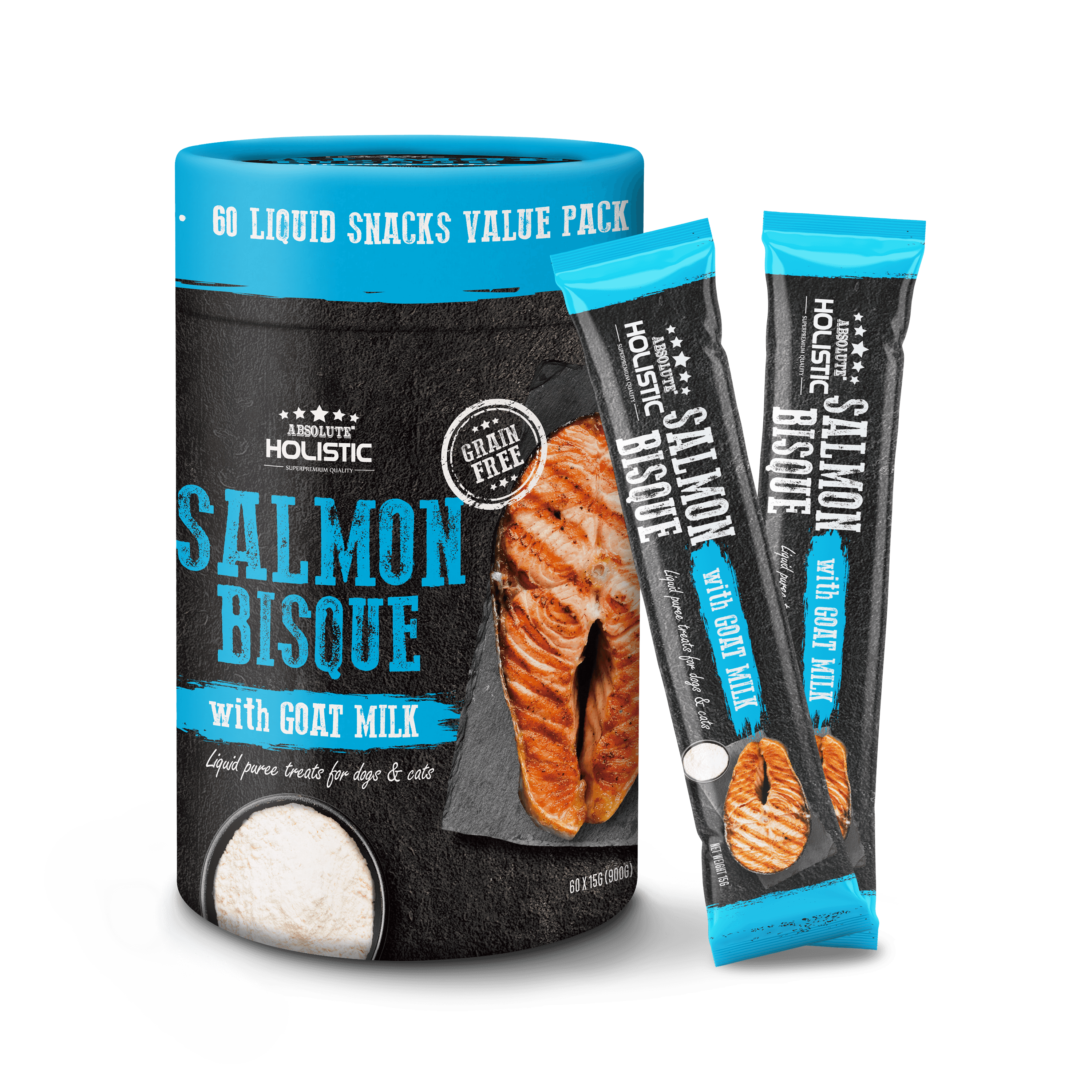 Absolute Holistic Liquid Treats for Cats & Dogs - Salmon Bisque with Goat Milk (Tub) | (15g x 60 Sticks)