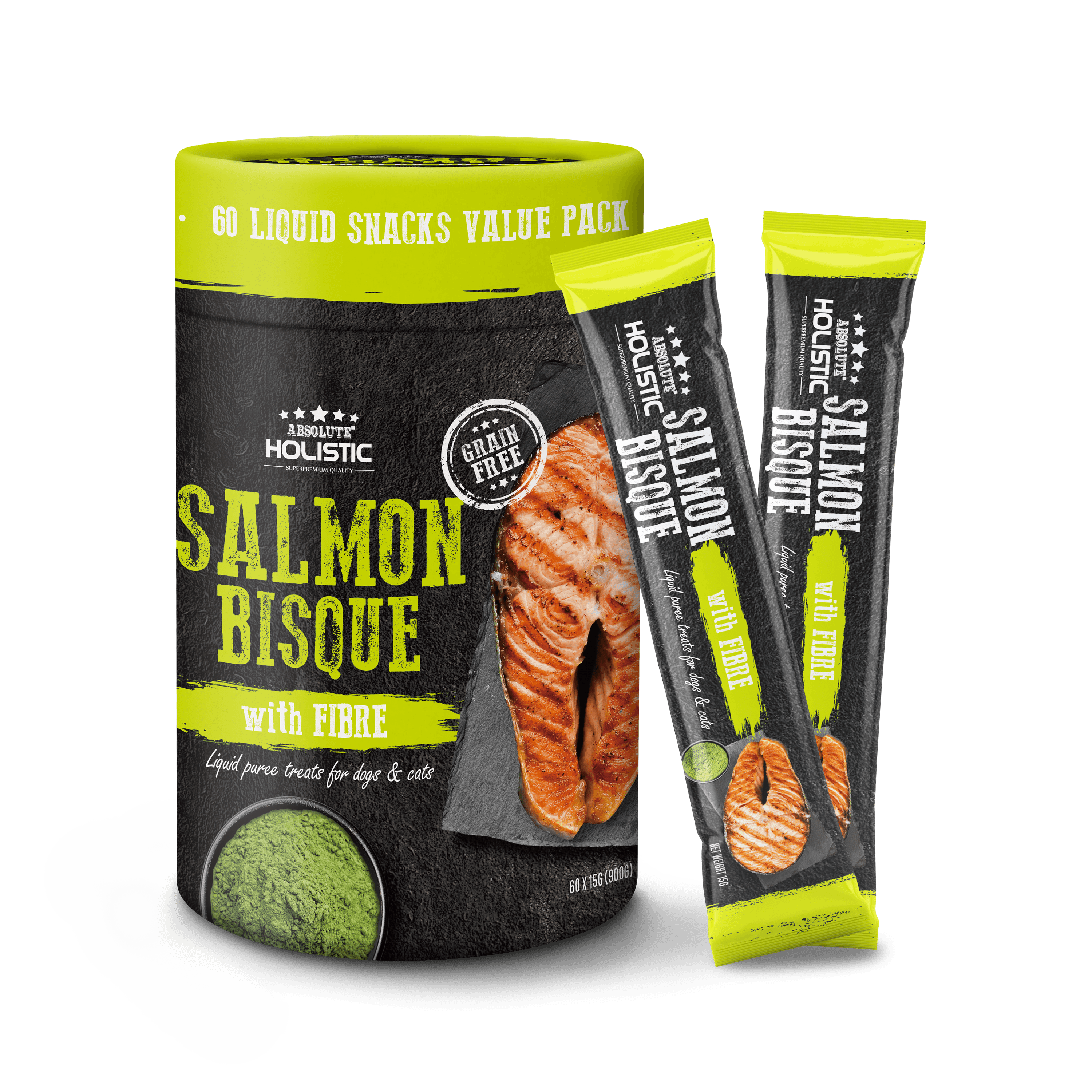 Absolute Holistic Liquid Treats for Cats & Dogs - Salmon Bisque with Fibre (Tub) | (15g x 60 Sticks)