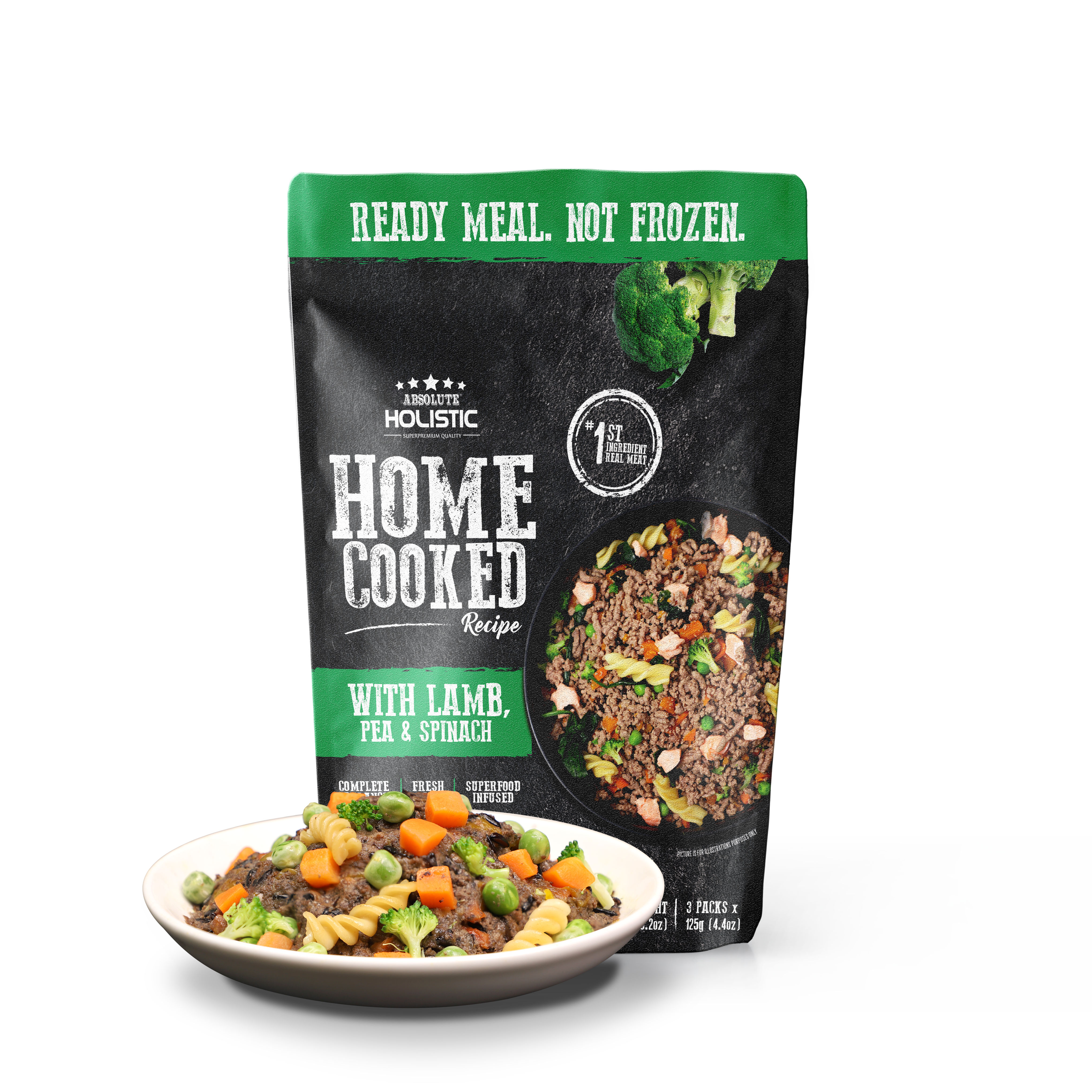 Absolute Holistic Home Cooked Style Recipe Gently Cooked Dog Food Starter Kit (125g x 3) - Lamb, Peas & Spinach