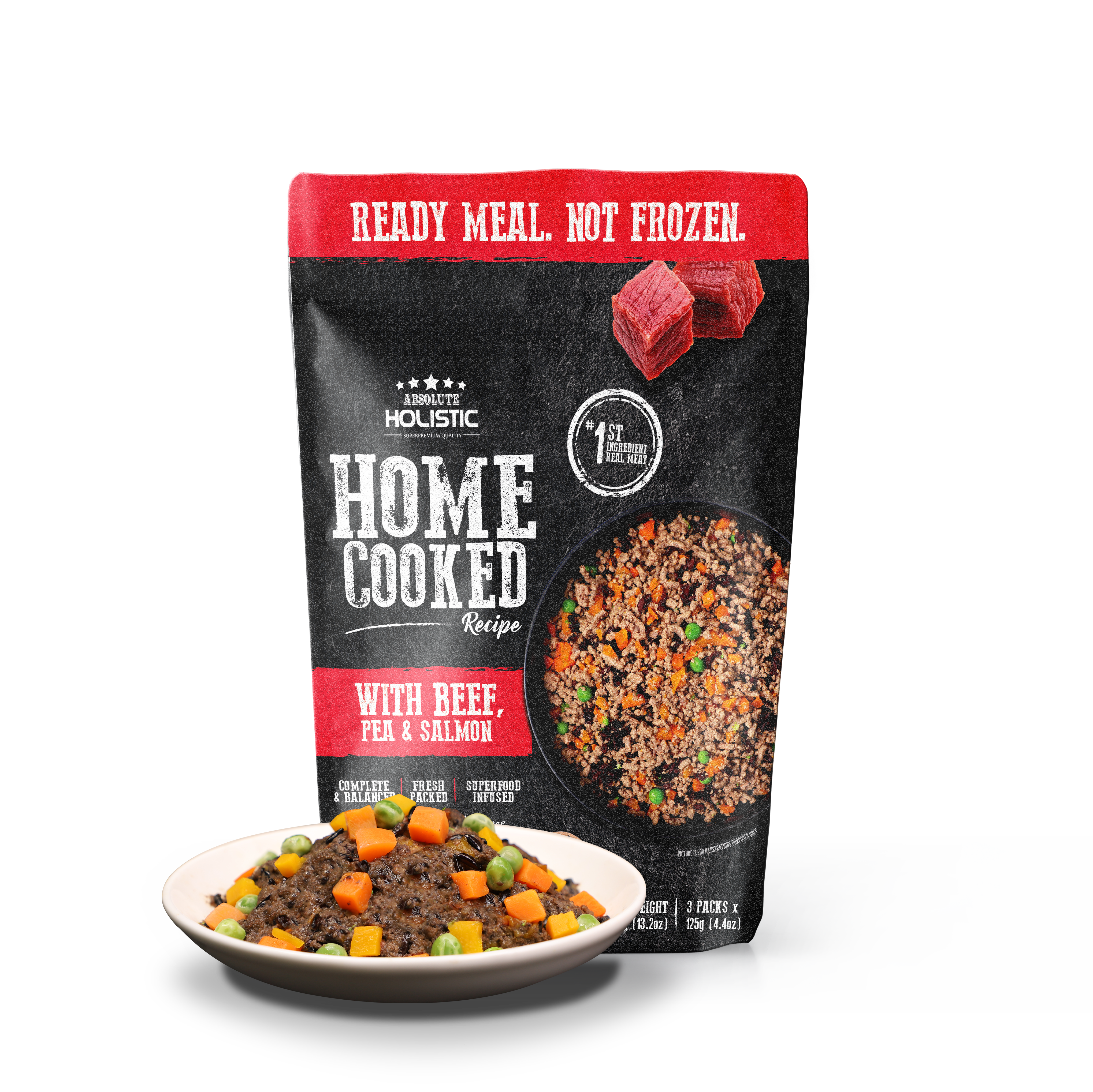 Absolute Holistic Home Cooked Style Recipe Gently Cooked Dog Food Starter Kit (125g x 3) - Beef, Peas & Salmon