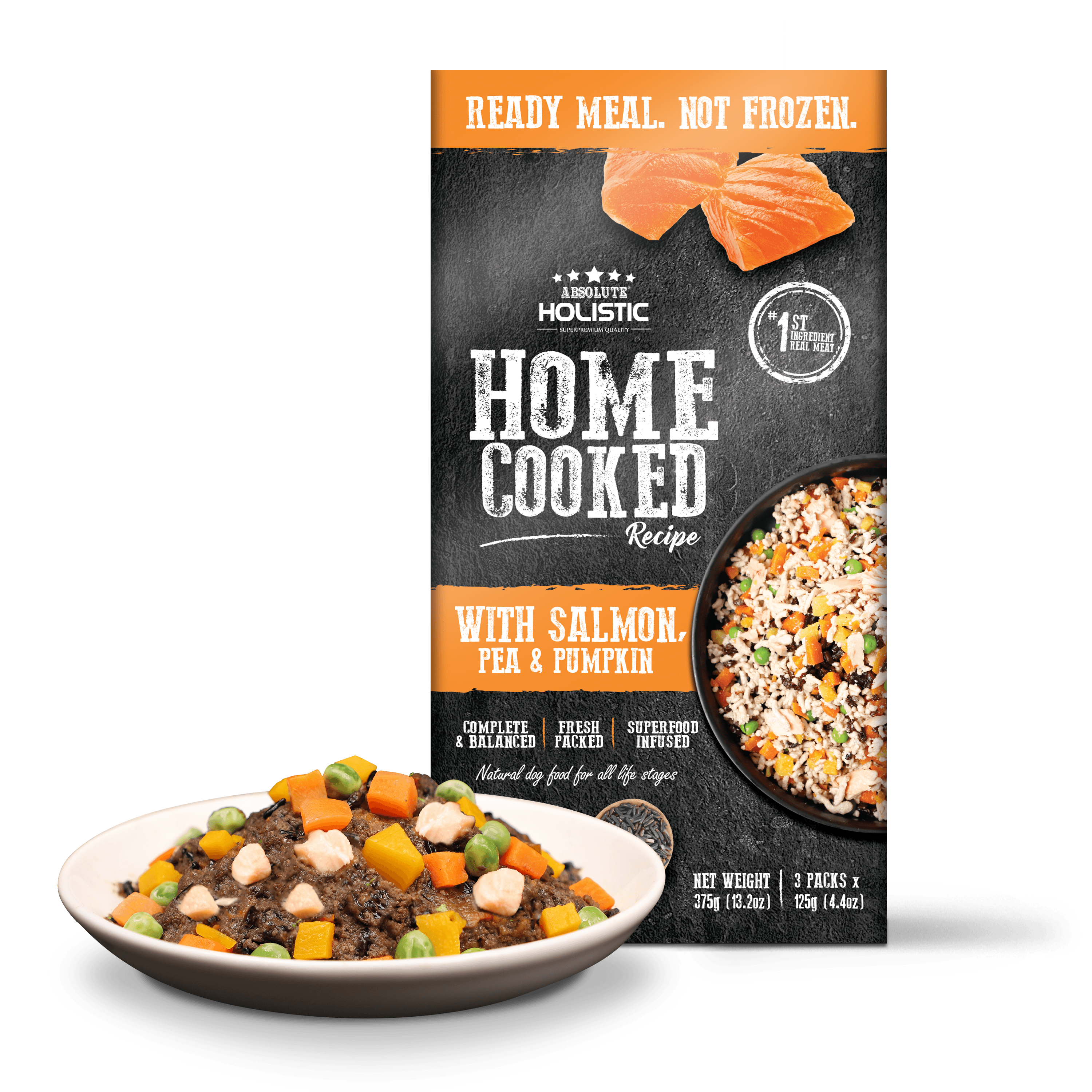 Absolute Holistic Home Cooked Style Recipe Gently Cooked Dog Food Starter Kit (125g x 3) - Salmon, Peas & Pumpkin