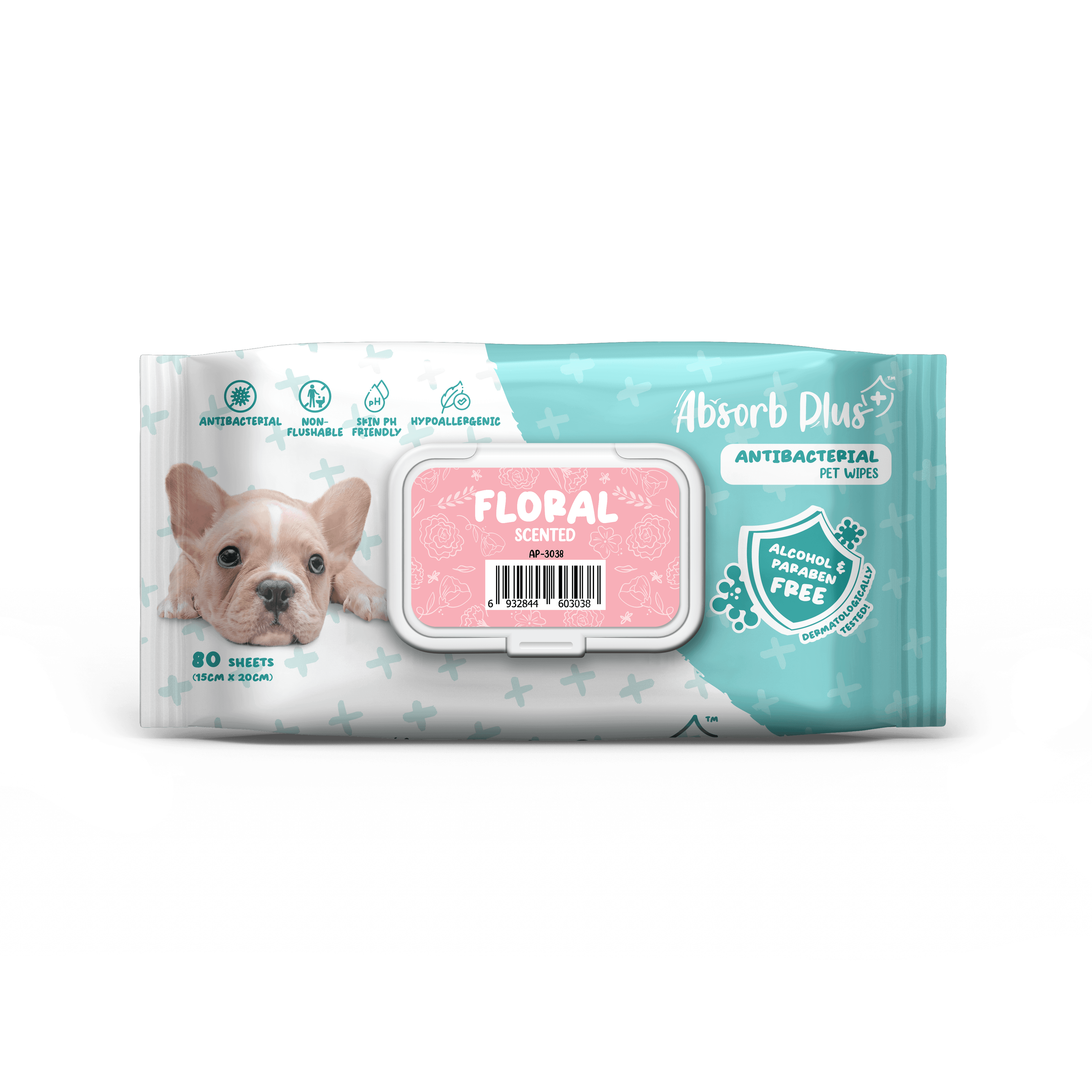 Absorb Plus AntiBacterial Pet Wipes 80pcs (Floral)