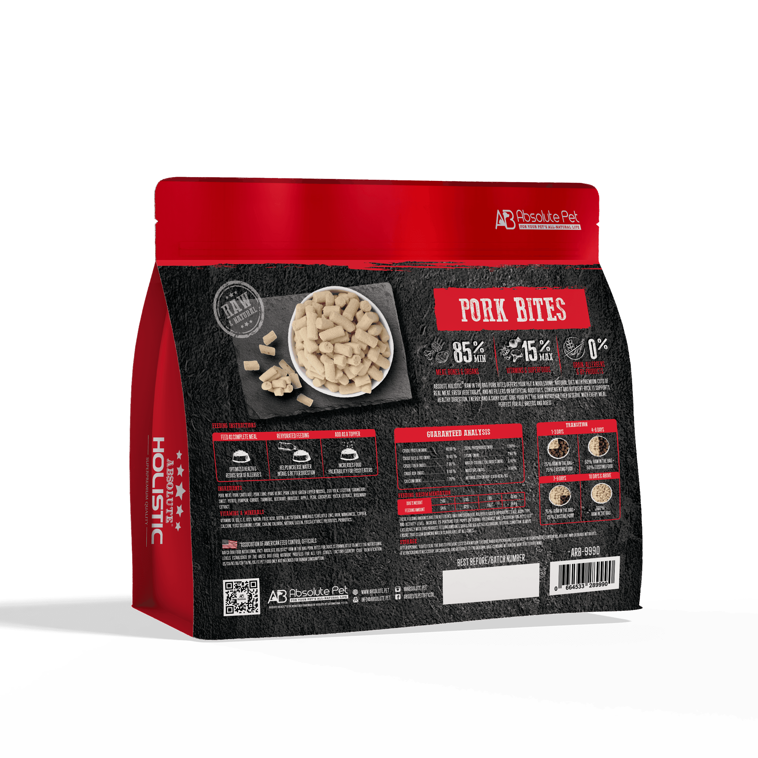 Absolute Holistic Raw in the Bag Complete Freeze Dried Dog Food - Pork Bites (14oz)