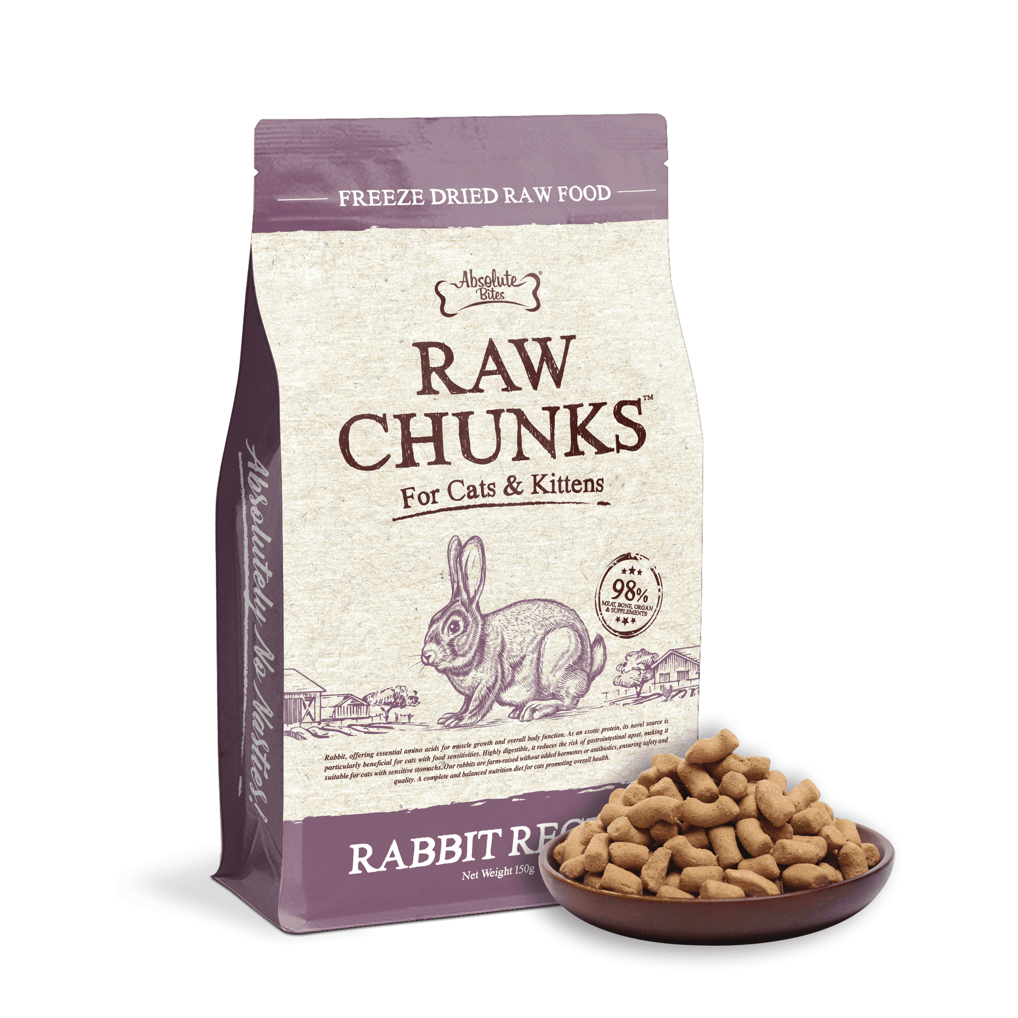 Absolute Bites Raw Chunks Freeze Dried Raw Food for Cats & Kittens - Rabbit Recipe (150g)