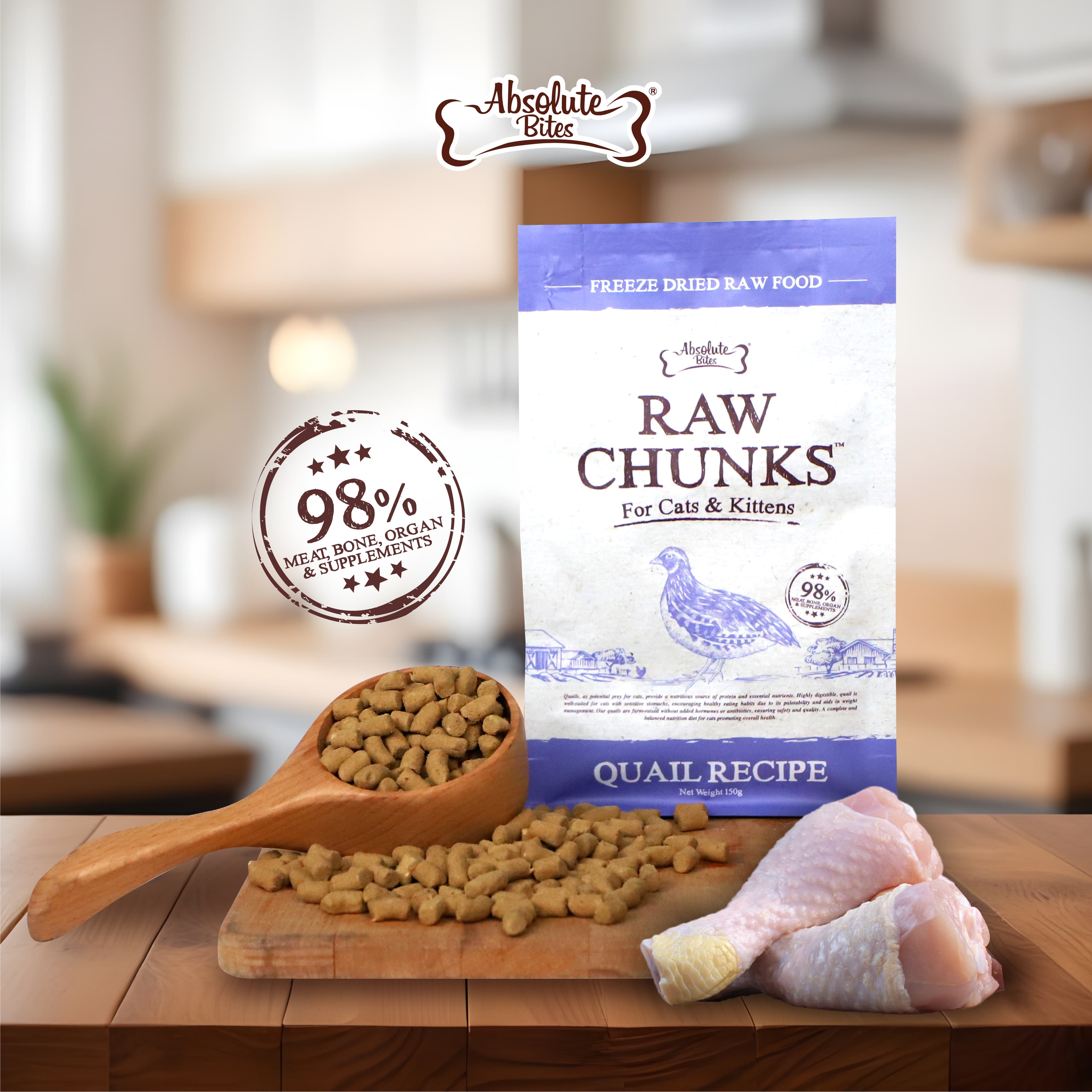 Absolute Bites Raw Chunks Freeze Dried Raw Food for Cats & Kittens - Quail Recipe (150g)