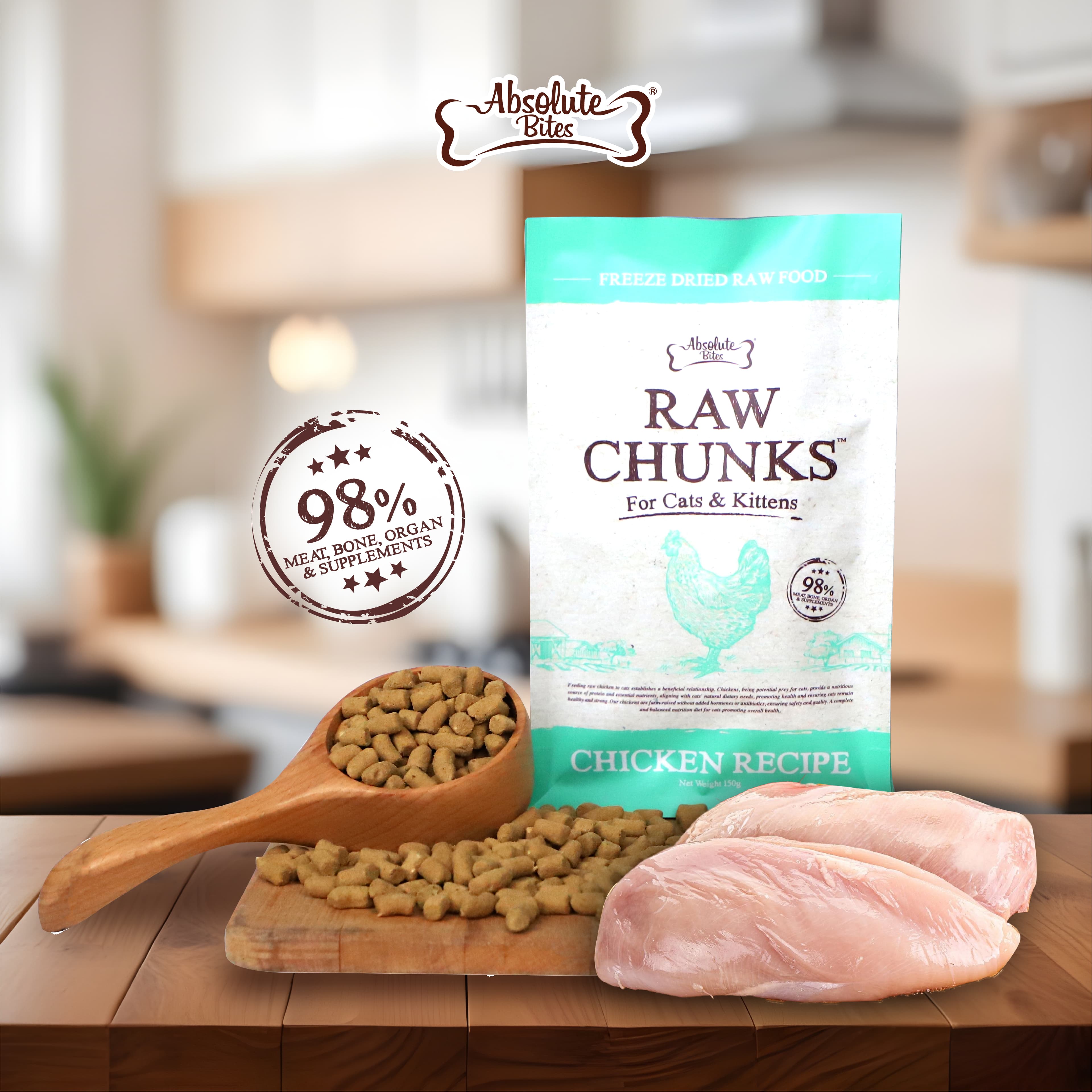 Absolute Bites Raw Chunks Freeze Dried Raw Food for Cats & Kittens - Chicken Recipe (150g)