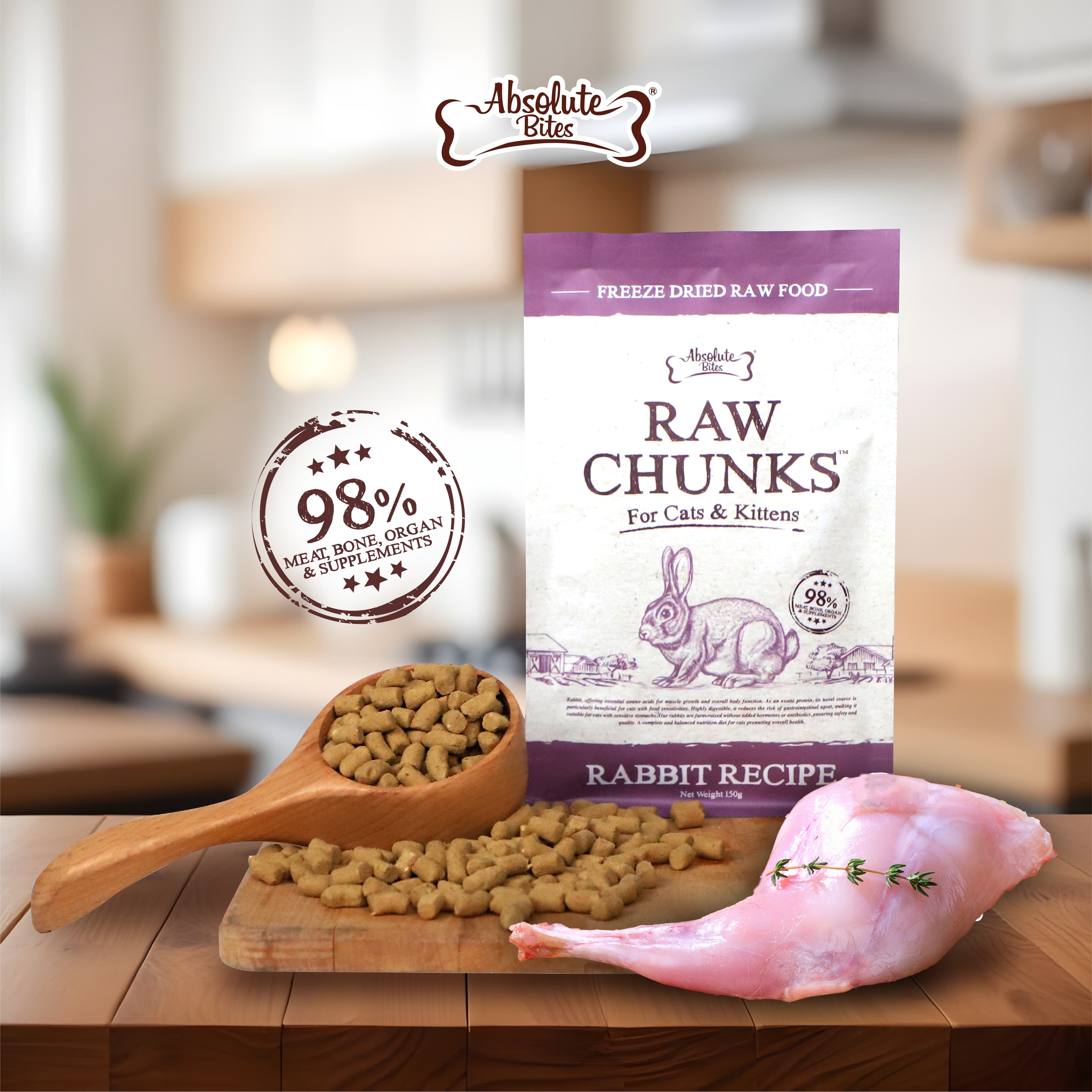Absolute Bites Raw Chunks Freeze Dried Raw Food for Cats & Kittens - Rabbit Recipe (280g)