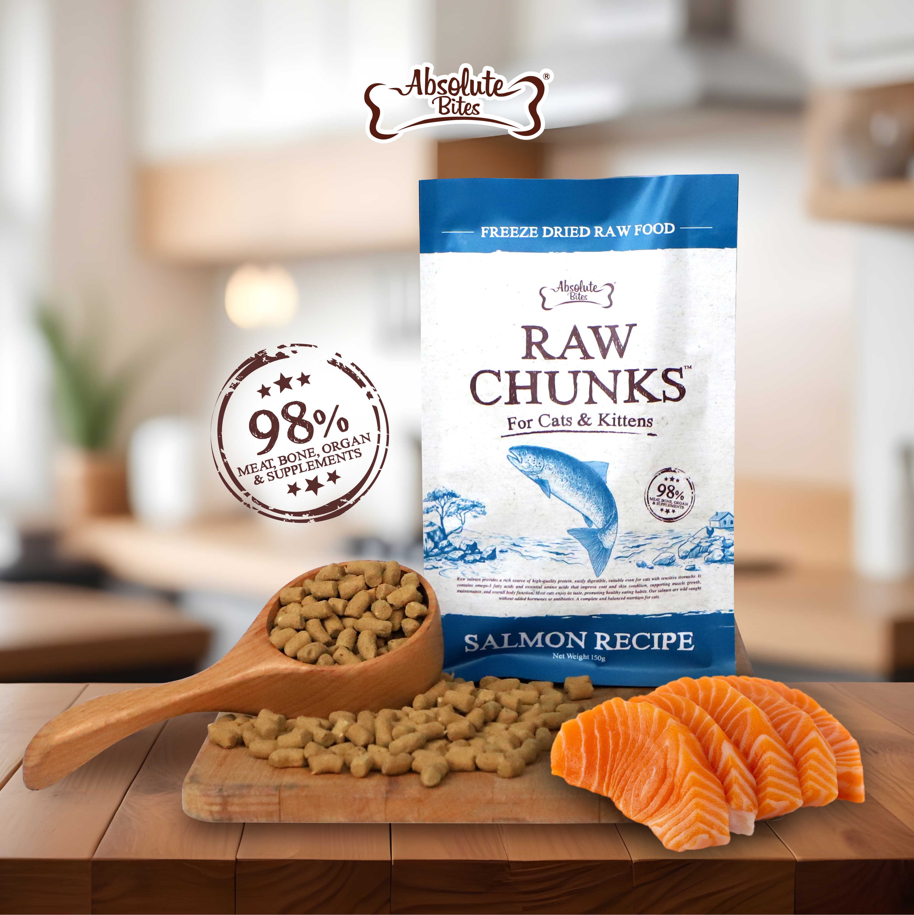 Absolute Bites Raw Chunks Freeze Dried Raw Food for Cats & Kittens - Salmon Recipe (280g)