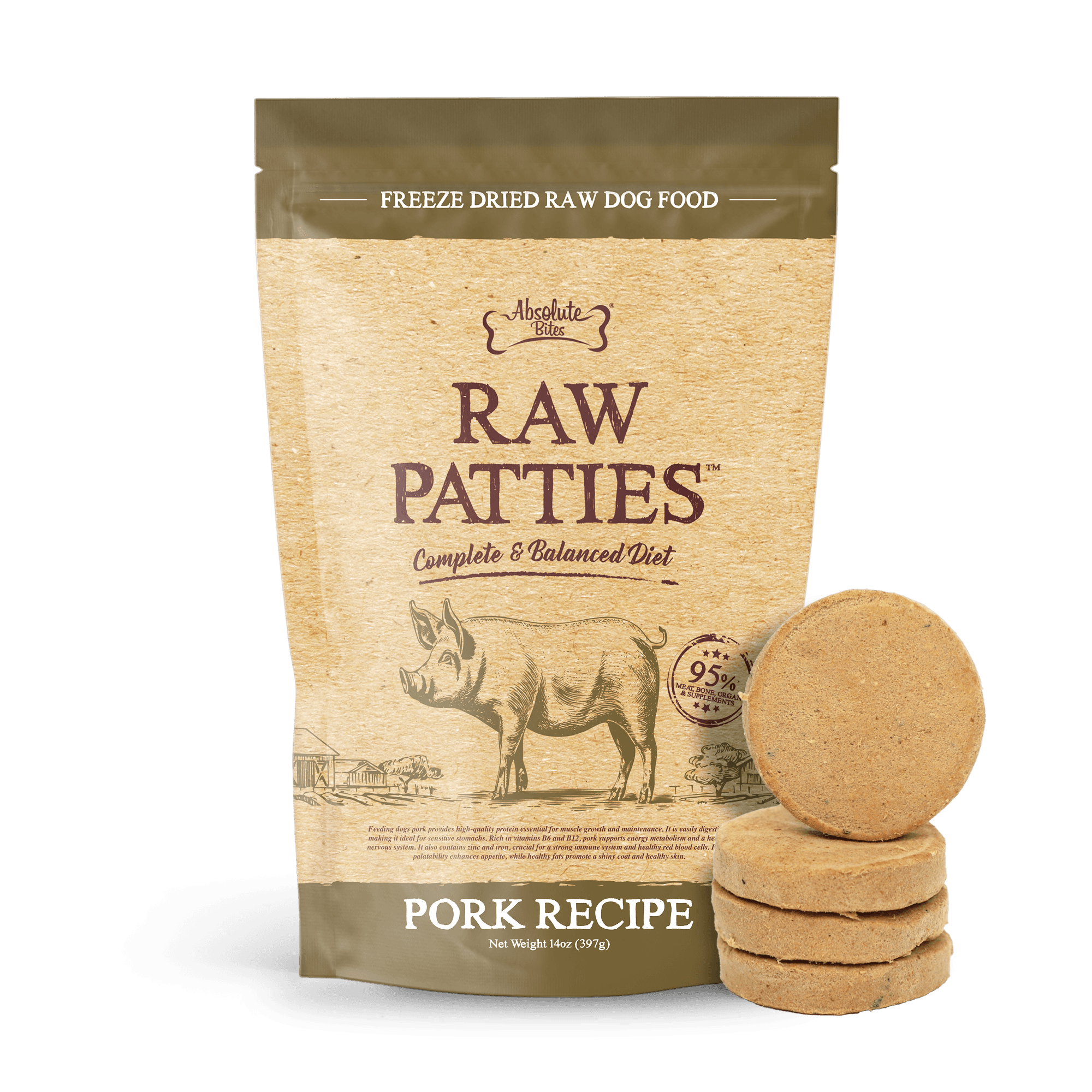 Absolute Bites Freeze Dried Raw Patties Dog Food - Pork Recipe (14oz)