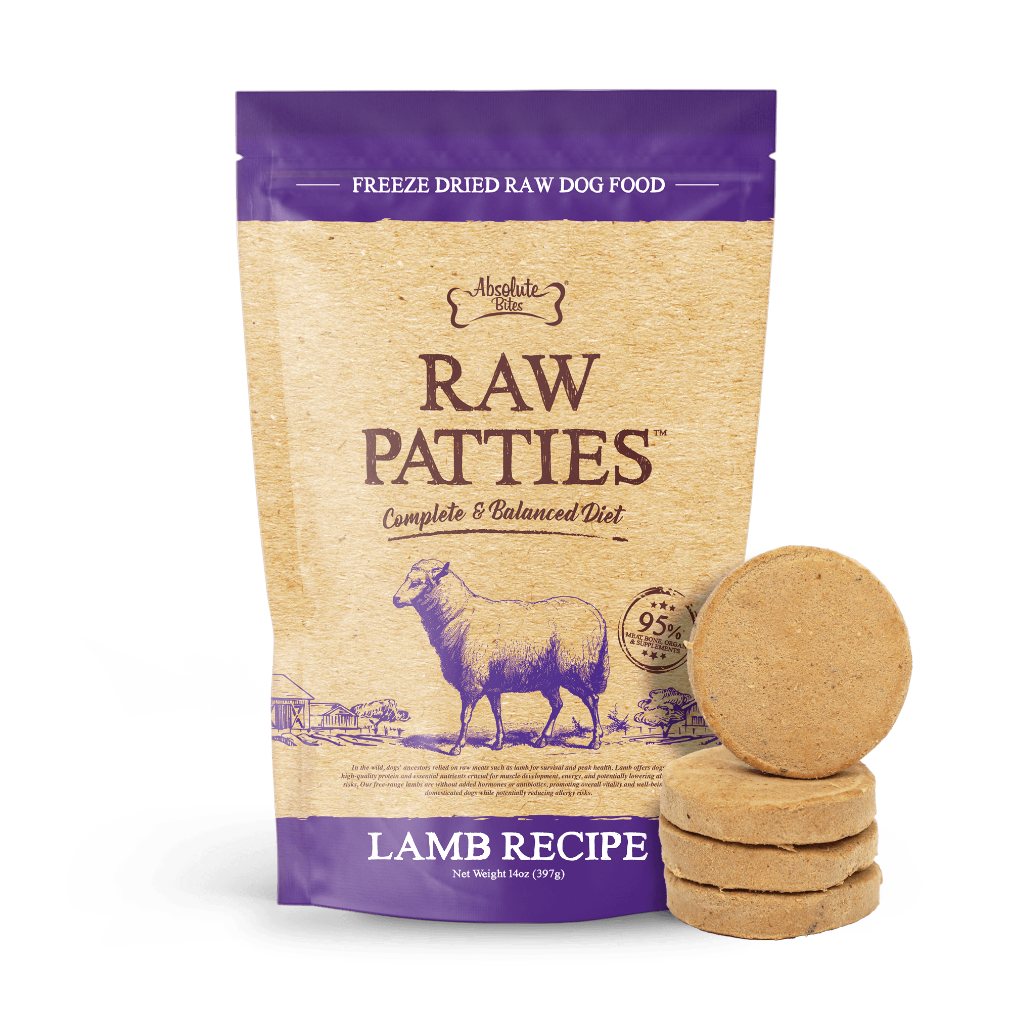 Absolute Bites Freeze Dried Raw Patties Dog Food - Lamb Recipe (14oz)