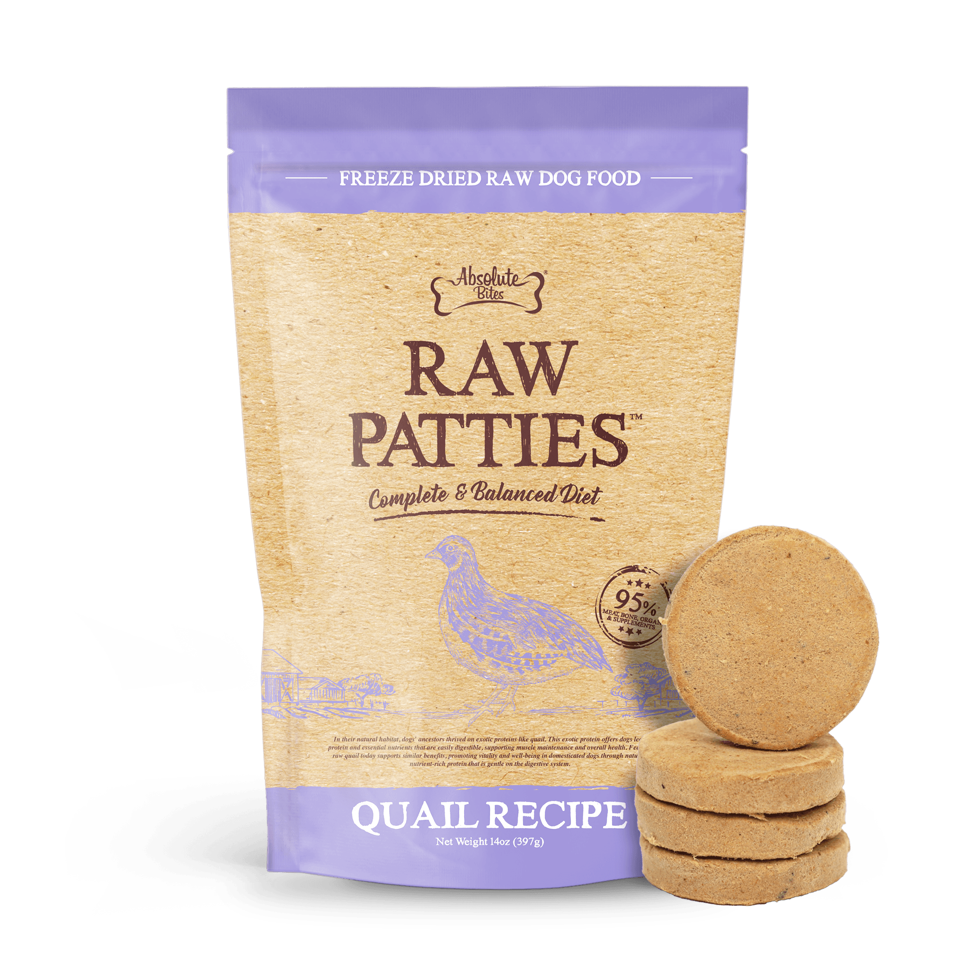 Absolute Bites Freeze Dried Raw Patties Dog Food - Quail Recipe (14oz)