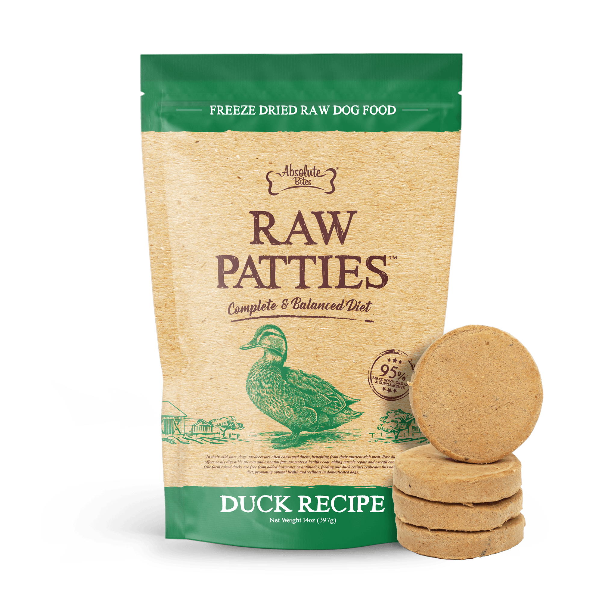 Absolute Bites Freeze Dried Raw Patties Dog Food - Duck Recipe (14oz)
