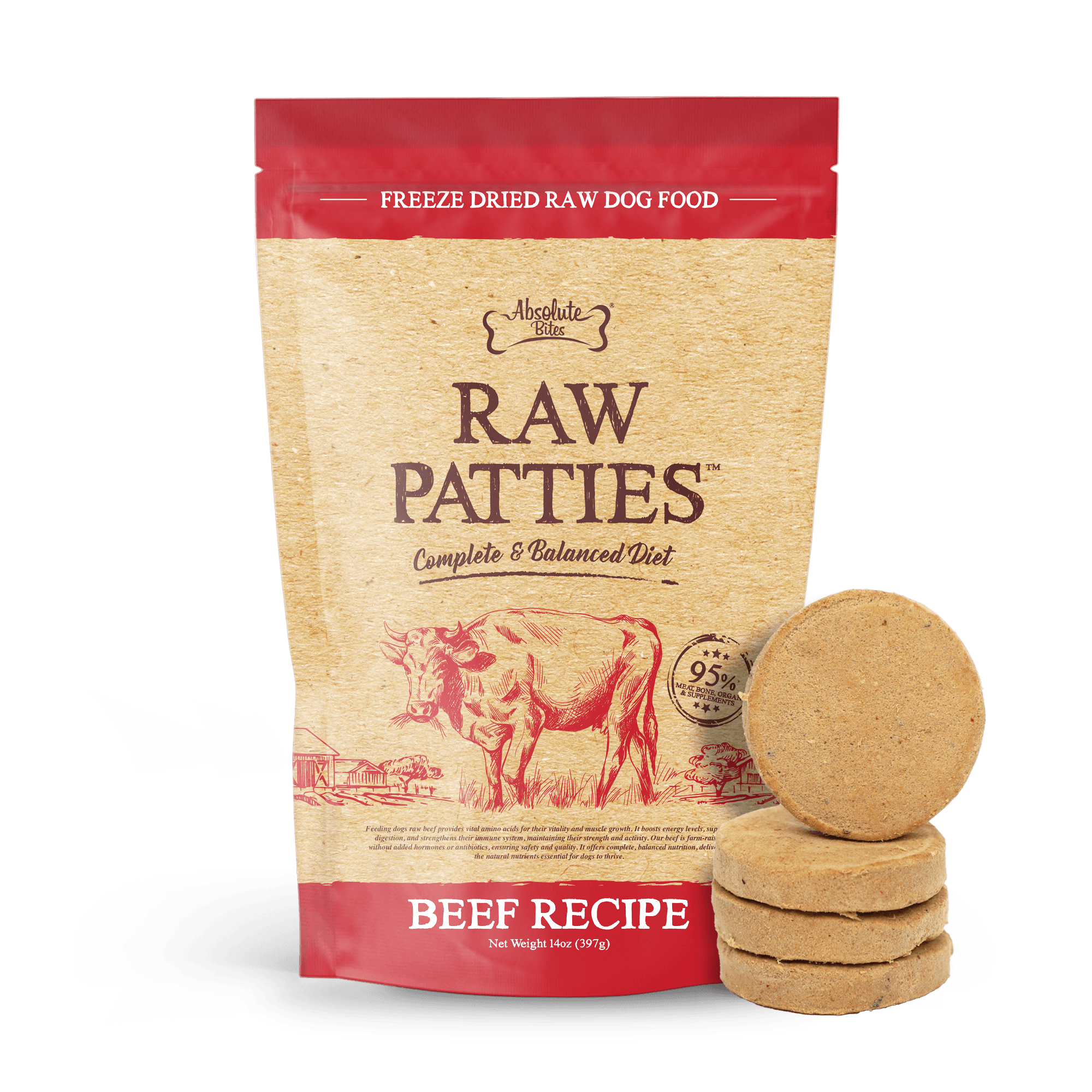 Absolute Bites Freeze Dried Raw Patties Dog Food - Beef Recipe (14oz)