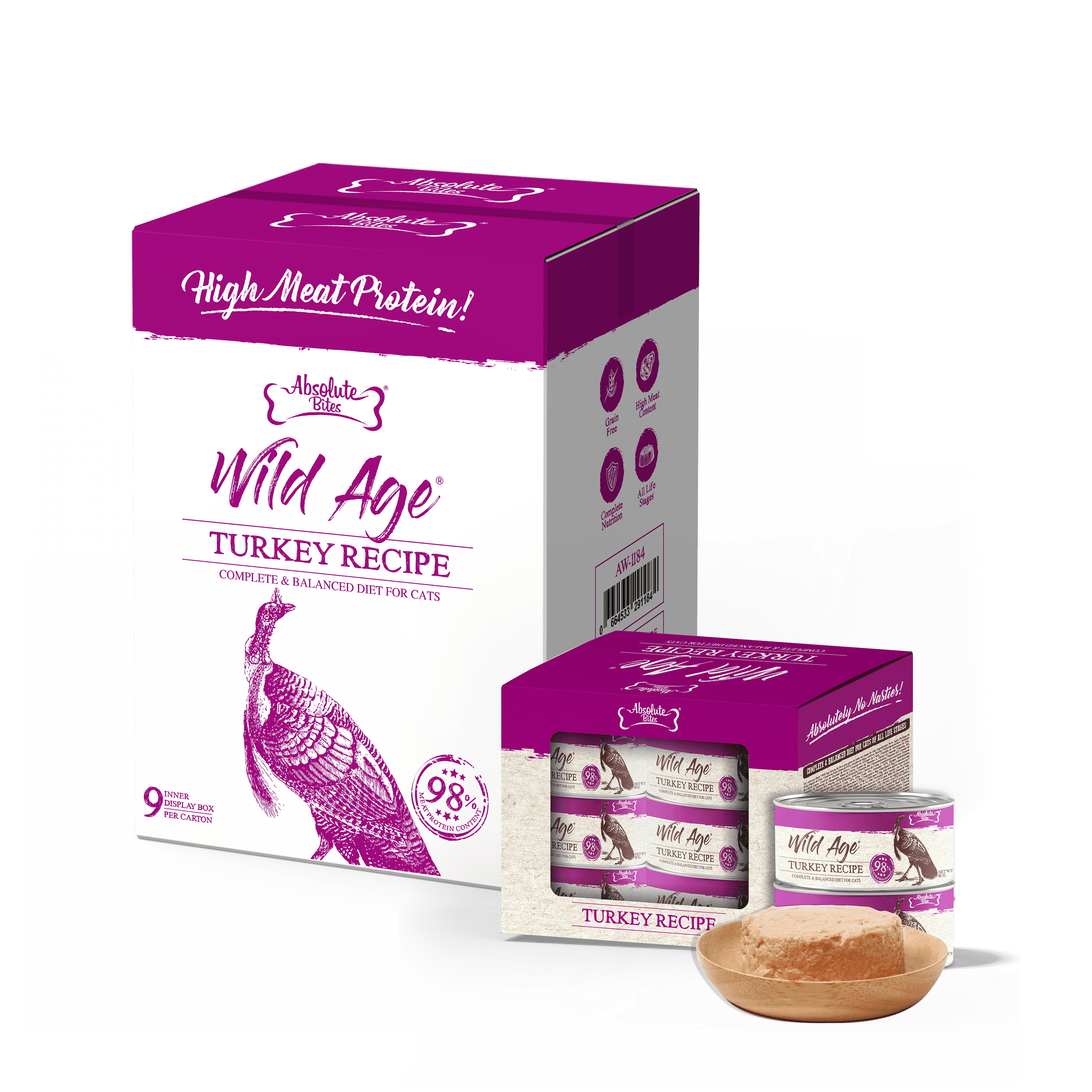 Absolute Bites Wild Age Complete & Balanced Diet Canned Food for Cats - Turkey Recipe (80g) | Carton of 54 #NEW