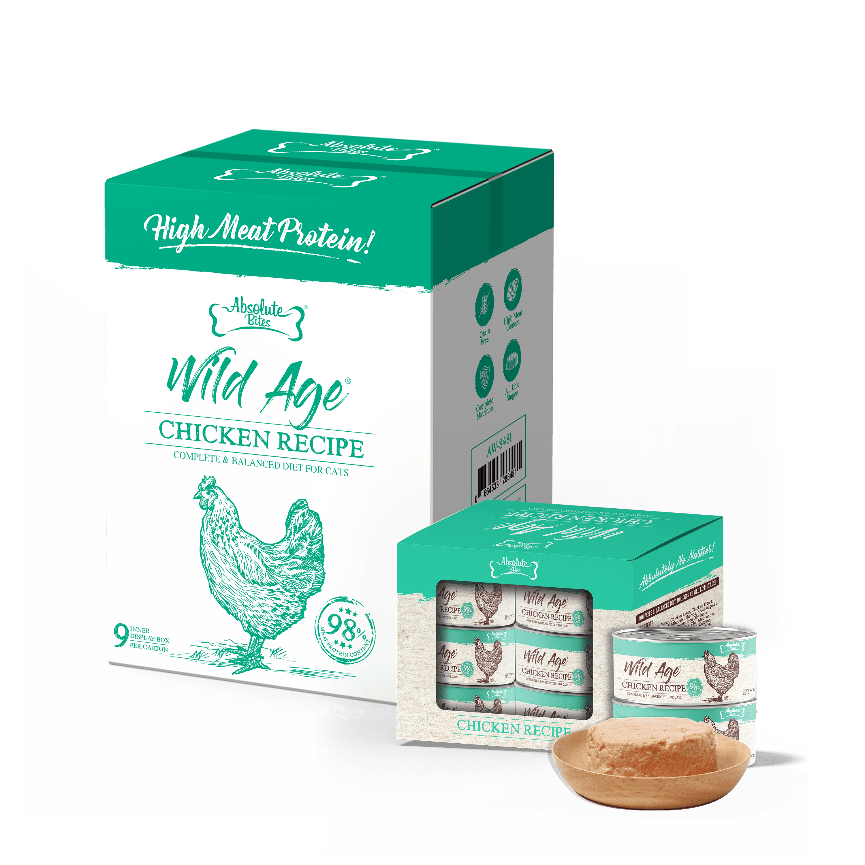 Absolute Bites Wild Age Complete & Balanced Diet Canned Food for Cats - Chicken Recipe (80g) | Carton of 54
