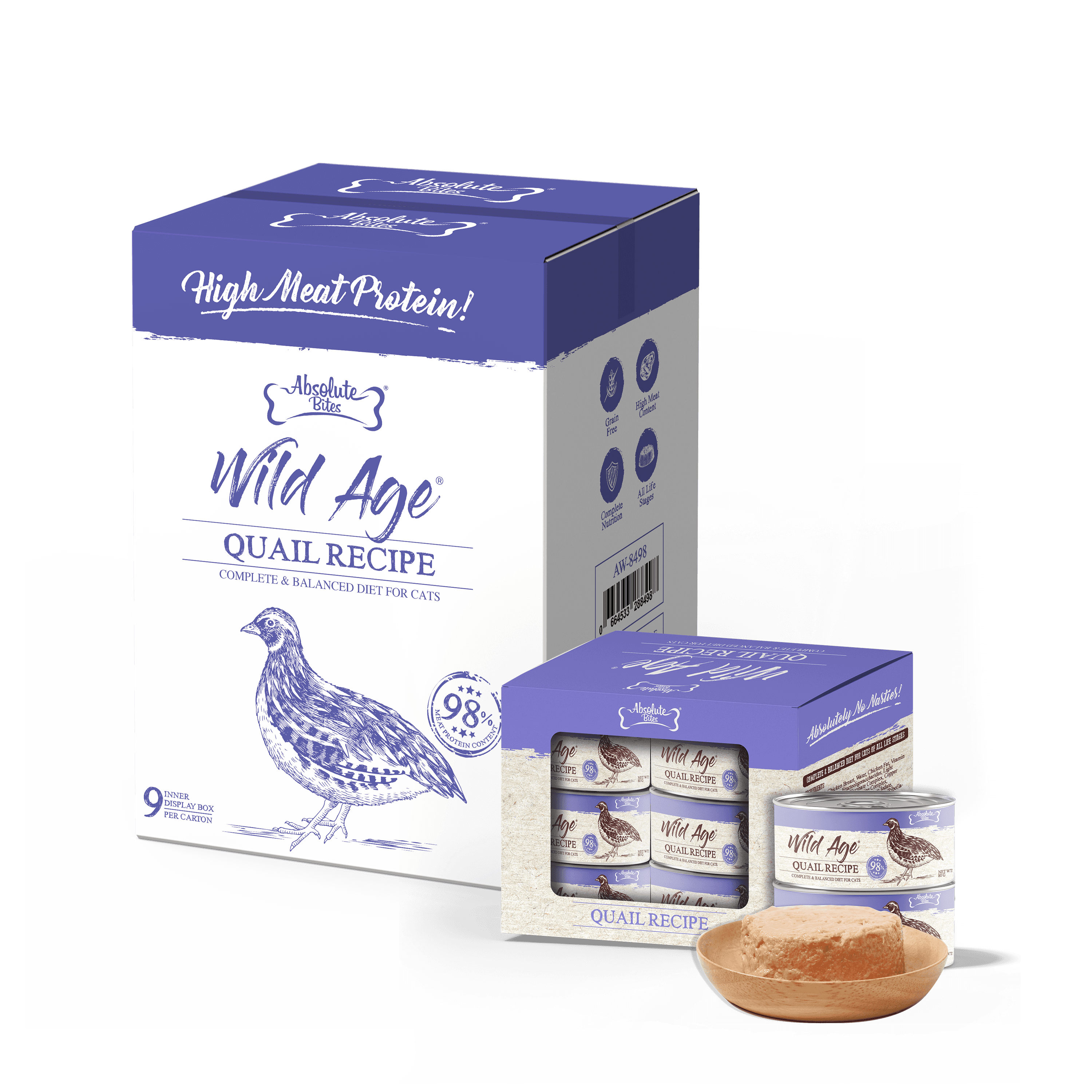 Absolute Bites Wild Age Complete & Balanced Diet Canned Food for Cats - Quail Recipe (80g) | Carton of 54