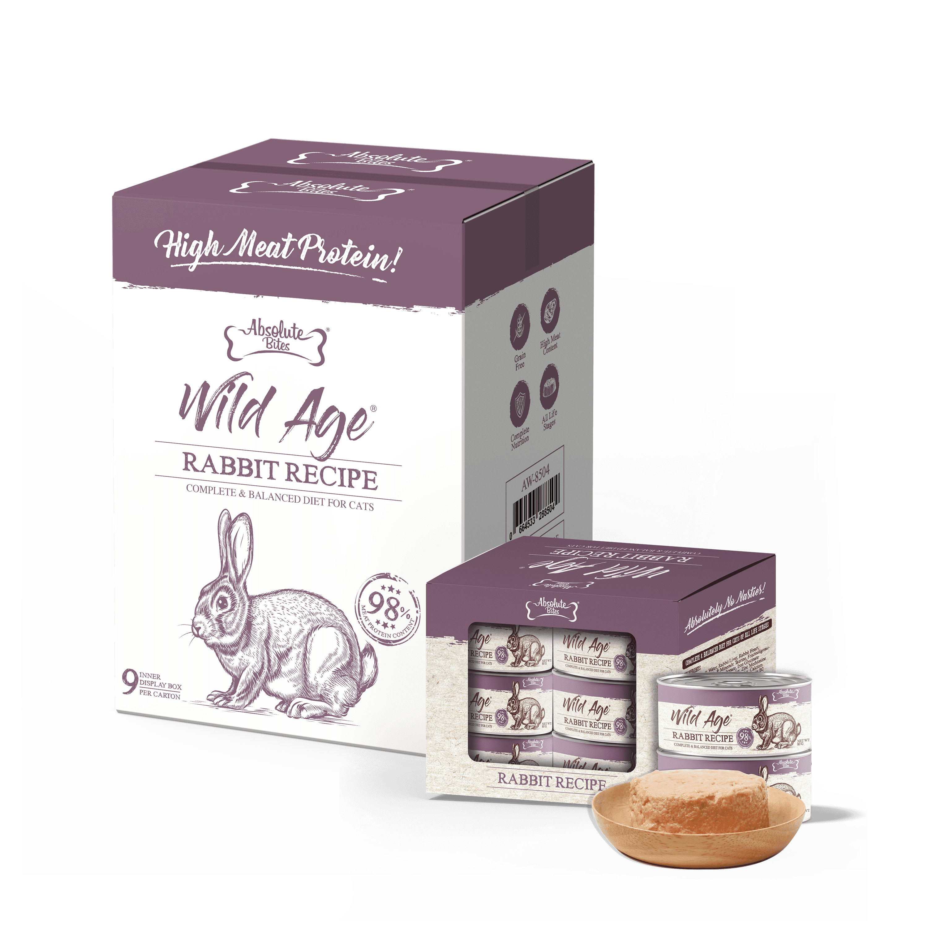 Absolute Bites Wild Age Complete & Balanced Diet Canned Food for Cats - Rabbit Recipe (80g) | Carton of 54
