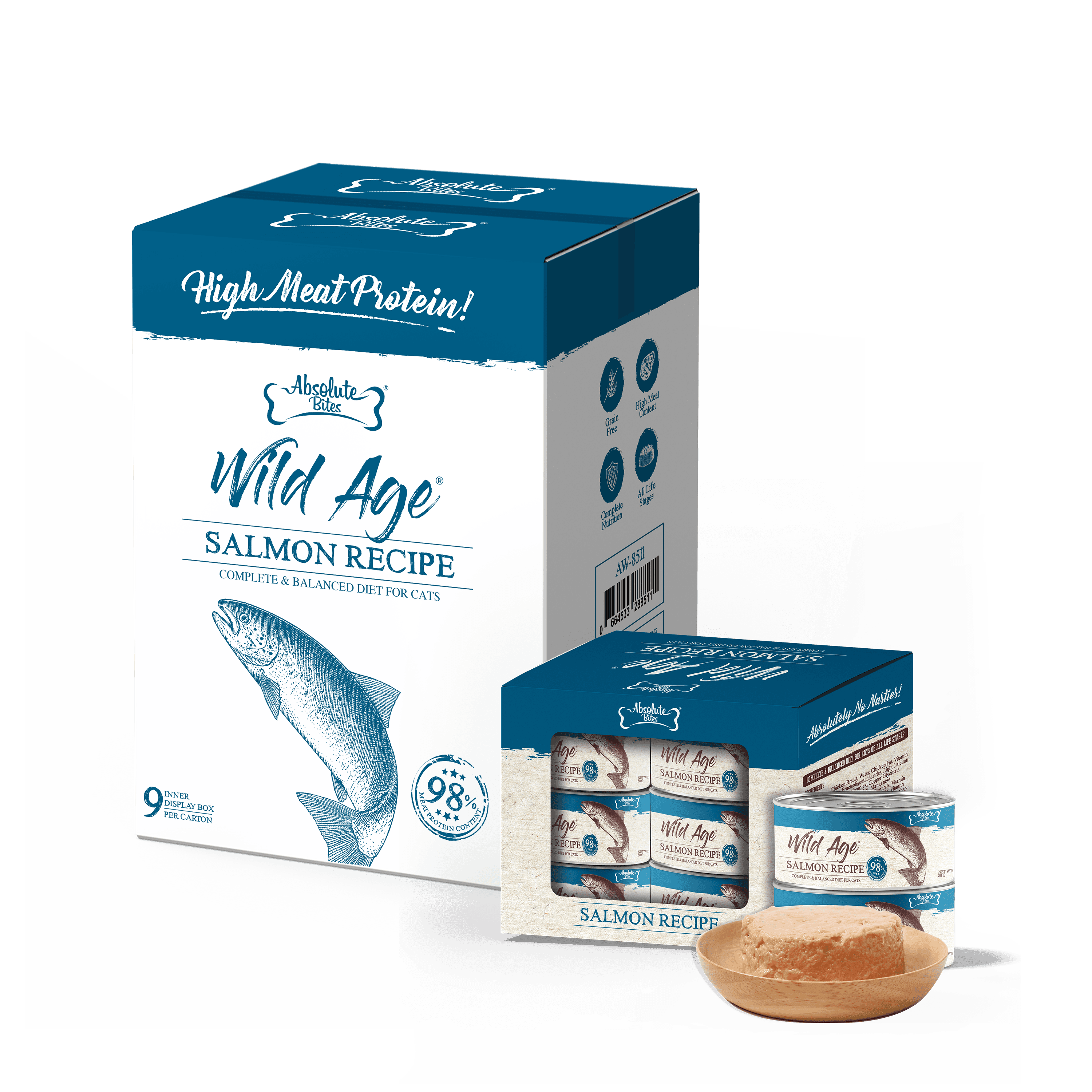 Absolute Bites Wild Age Complete & Balanced Diet Canned Food for Cats - Salmon Recipe (80g) | Carton of 54