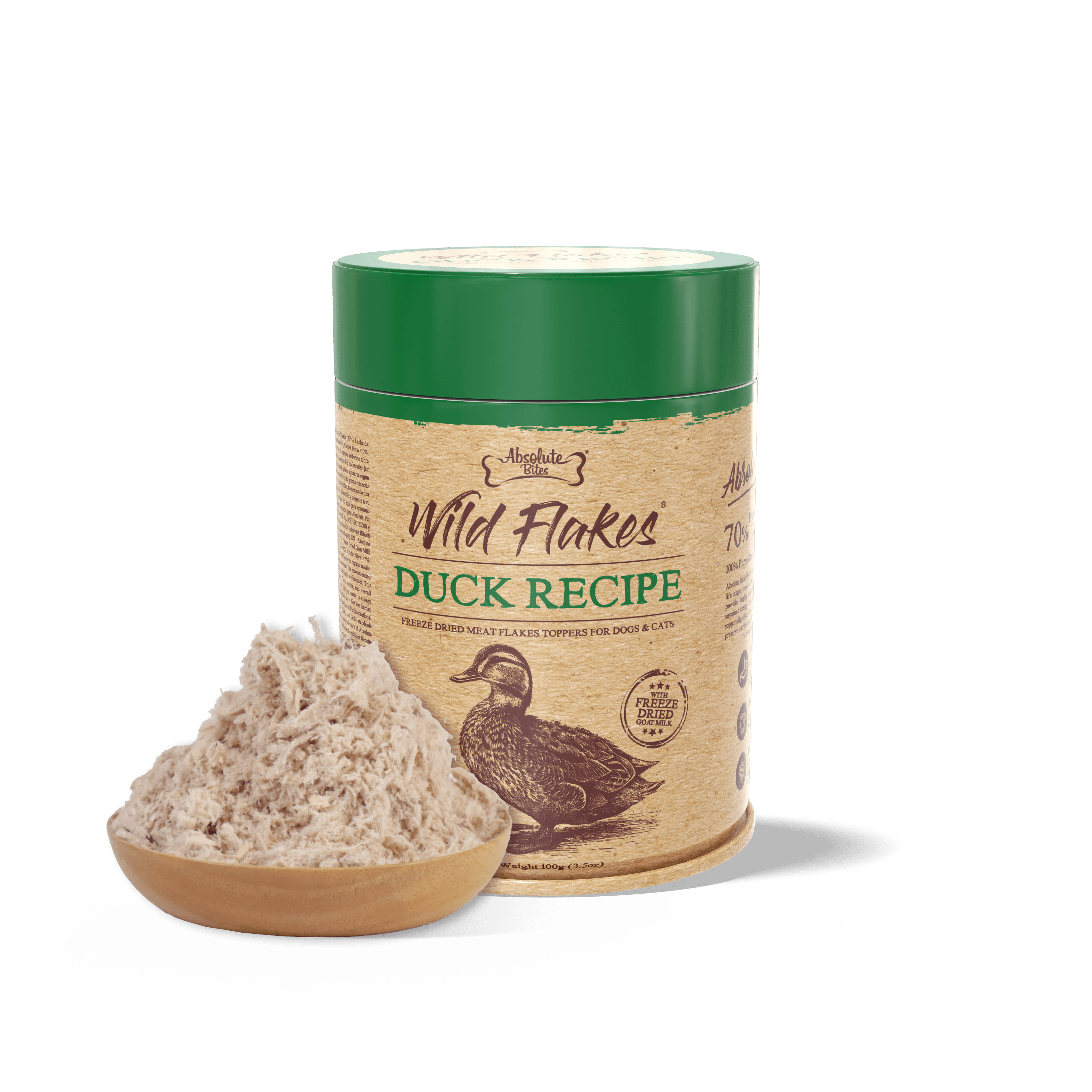Absolute Bites Freeze Dried Wild Flakes Meat Flakes Toppers for Cats & Dogs - Duck with Goat Milk Recipe (100g) #NEW