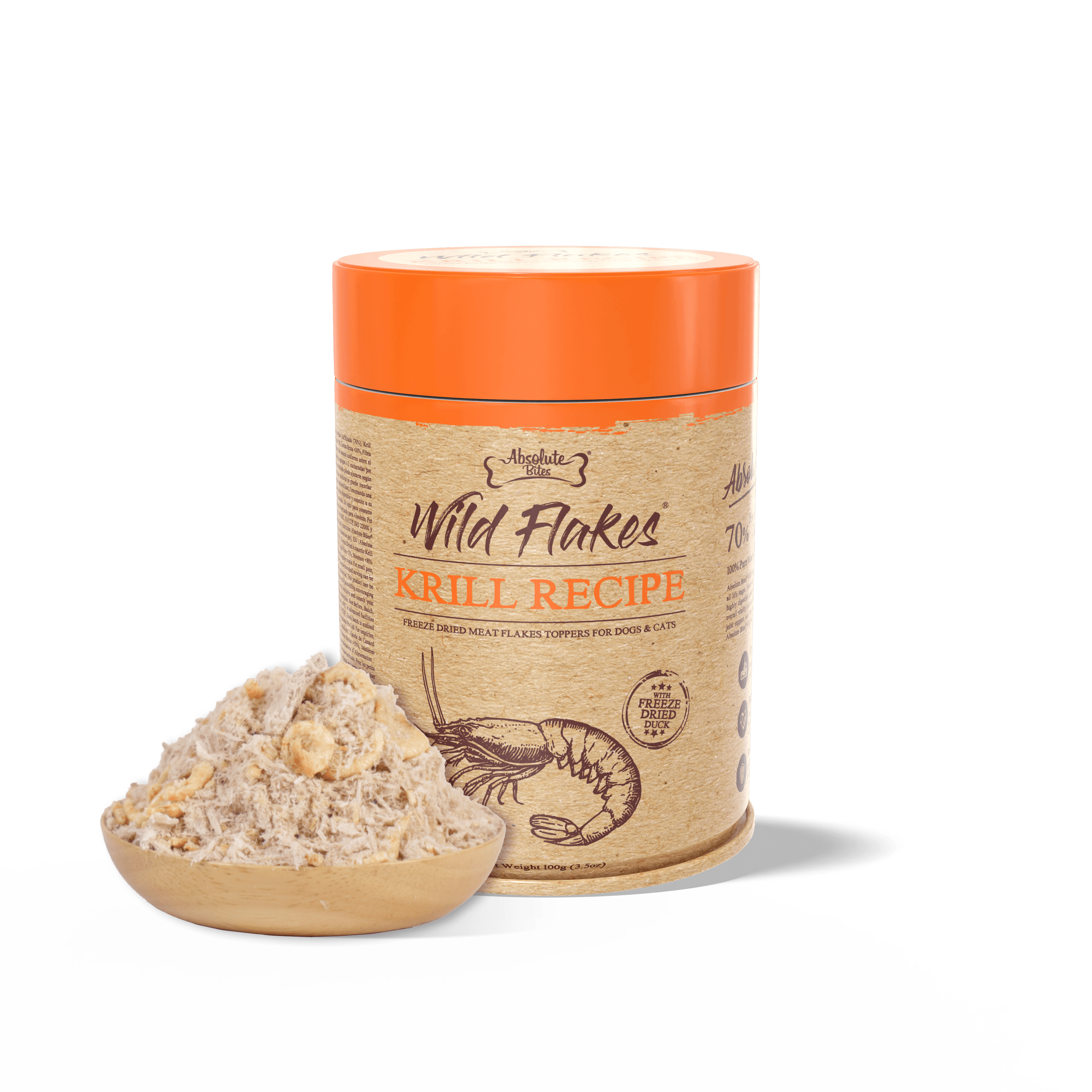 Absolute Bites Freeze Dried Wild Flakes Meat Flakes Toppers for Cats & Dogs - Krill with Duck Recipe (100g) #NEW