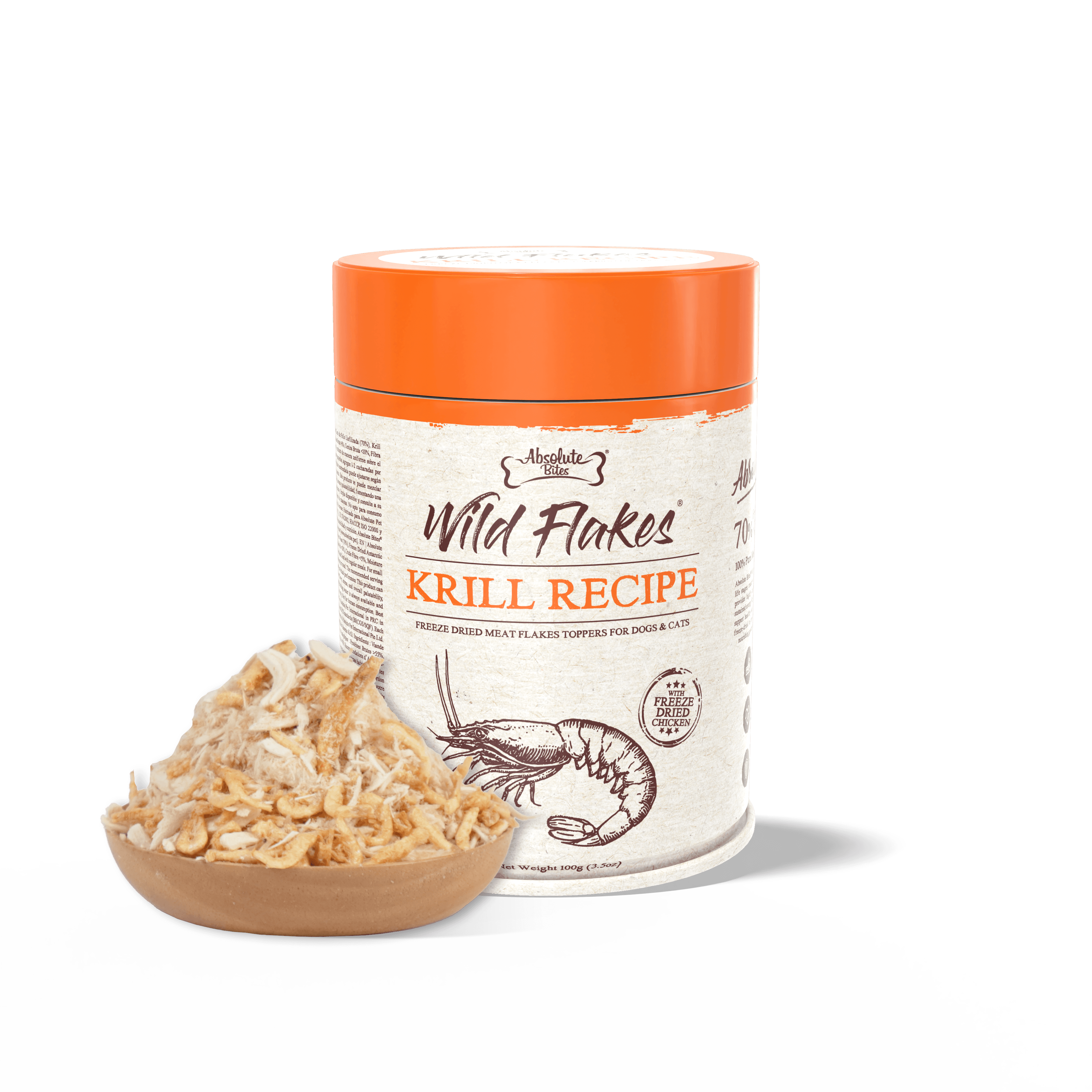 Absolute Bites Freeze Dried Wild Flakes Meat Flakes Toppers for Cats & Dogs - Krill with Chicken Recipe (100g) #NEW