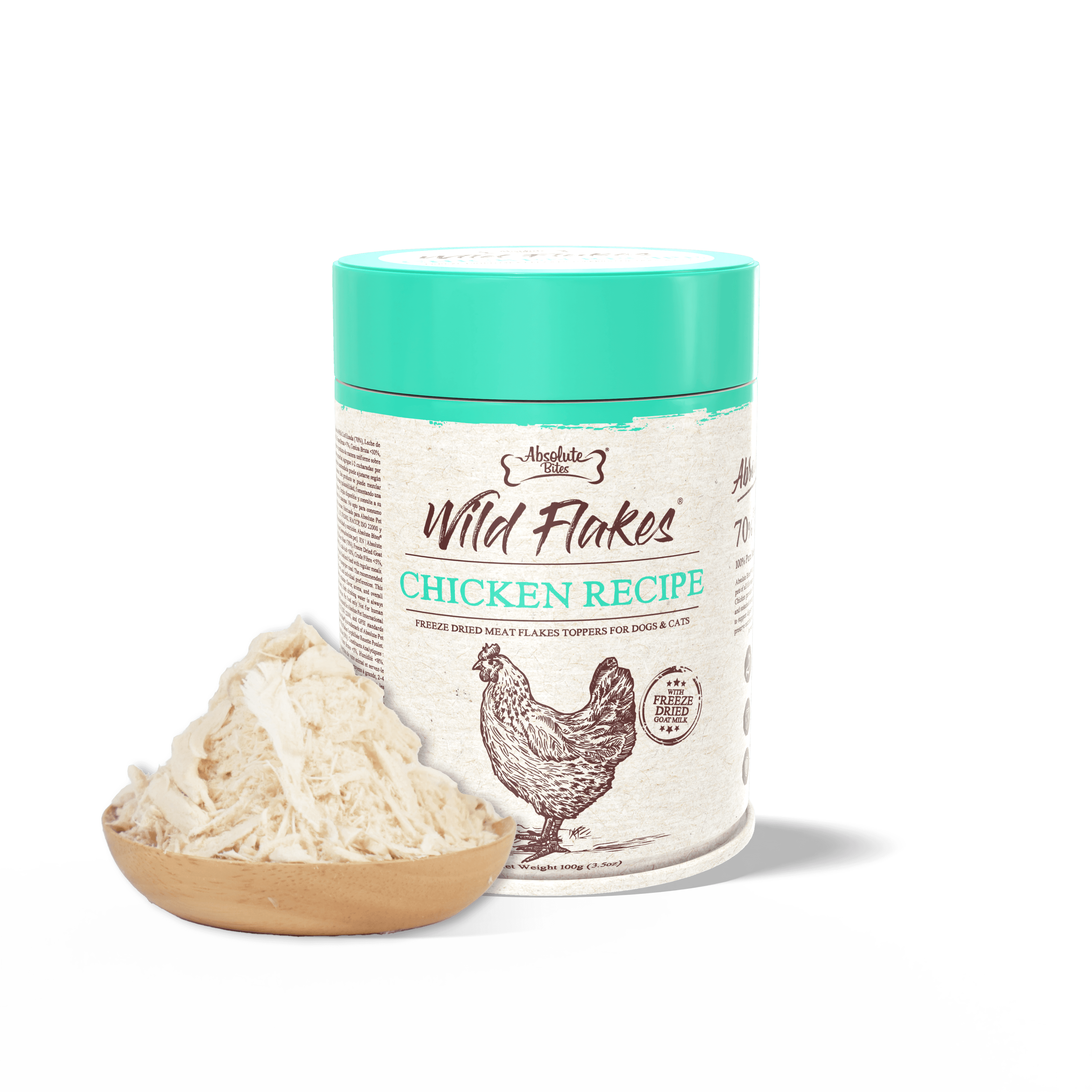 Absolute Bites Freeze Dried Wild Flakes Meat Flakes Toppers for Cats & Dogs - Chicken with Goat Milk Recipe (100g) #NEW