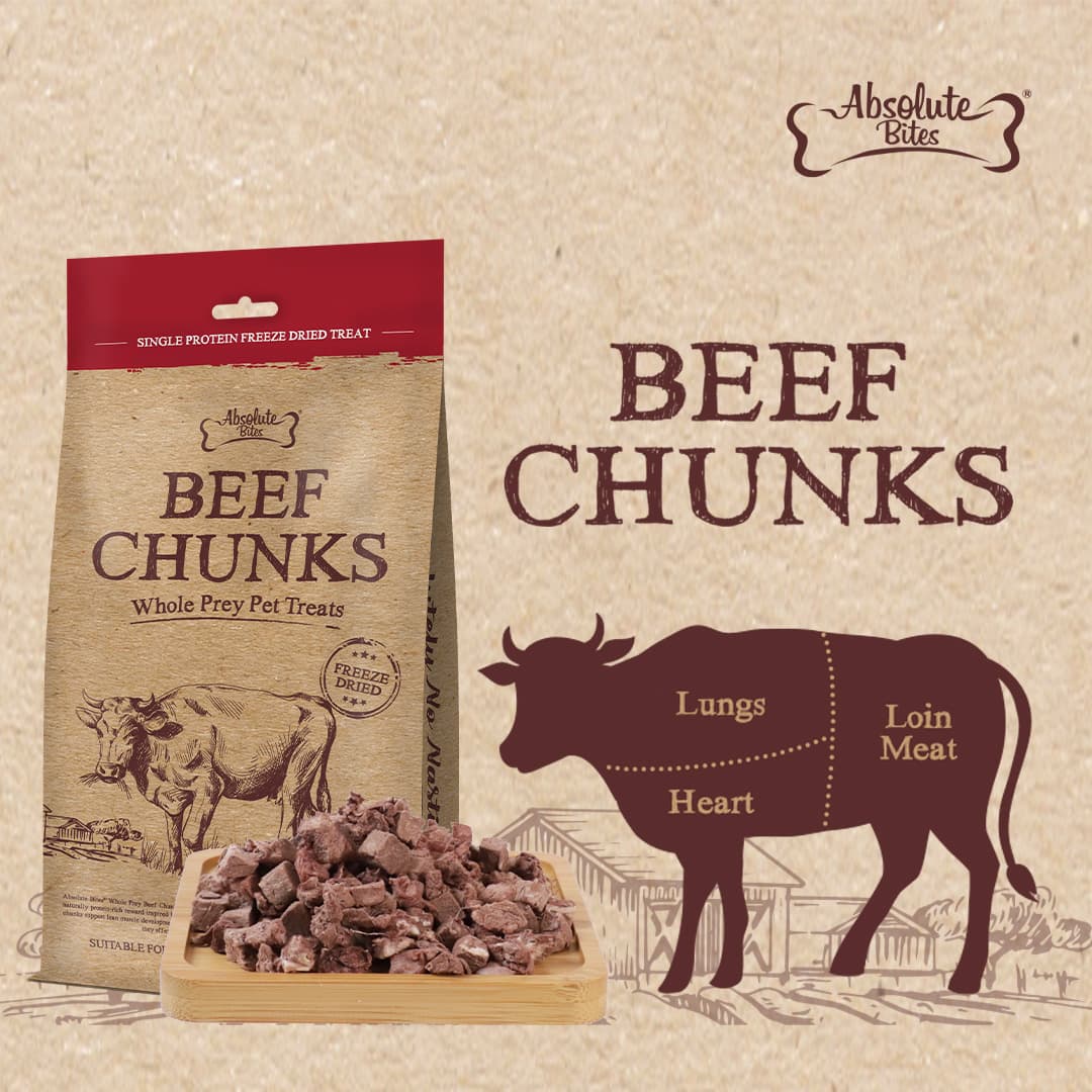 Absolute Bites Single Protein Whole Prey Freeze Dried Treats for Cats & Dogs - Beef Chunks (80g) #NEW