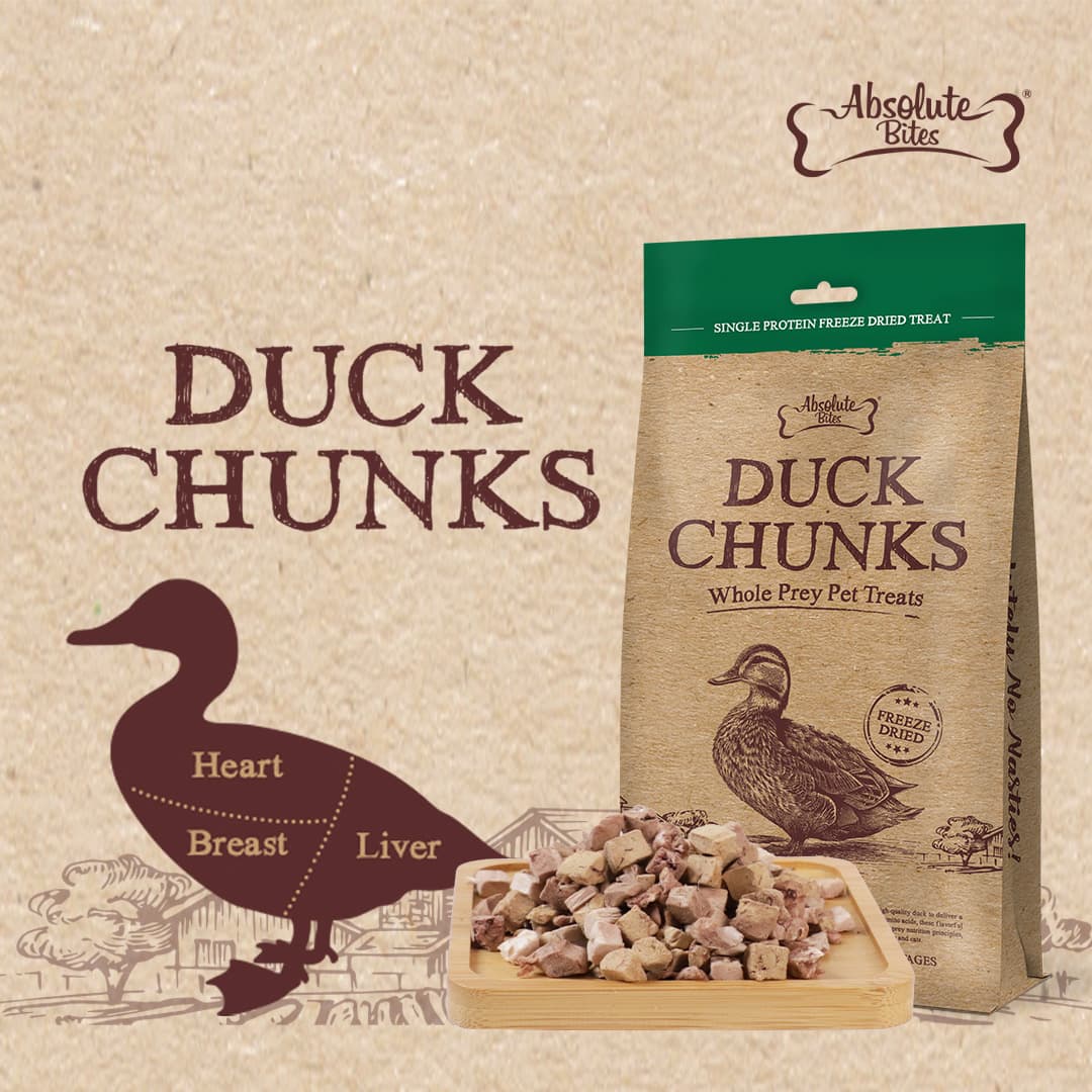 Absolute Bites Single Protein Whole Prey Freeze Dried Treats for Cats & Dogs - Duck Chunks (80g) #NEW