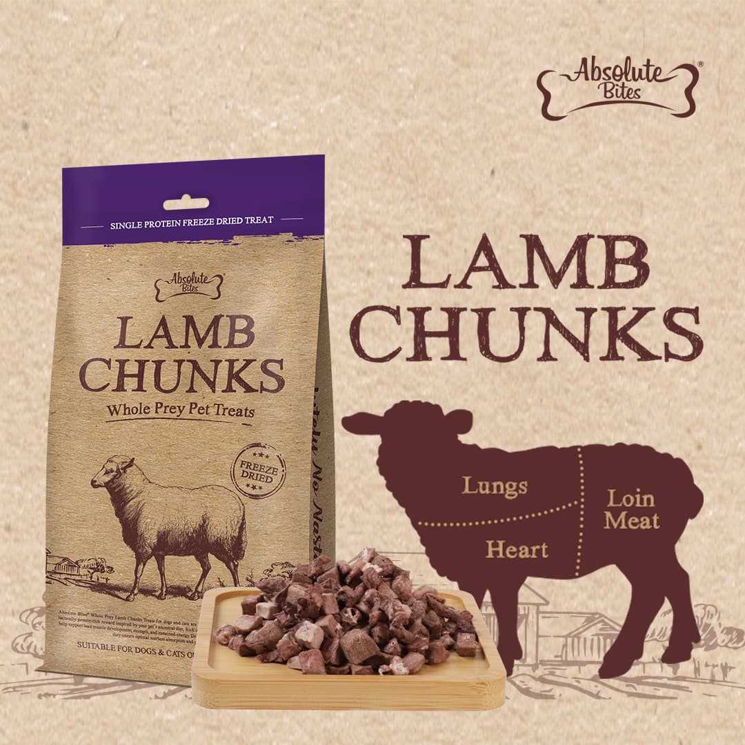 Absolute Bites Single Protein Whole Prey Freeze Dried Treats for Cats & Dogs - Lamb Chunks (80g) #NEW
