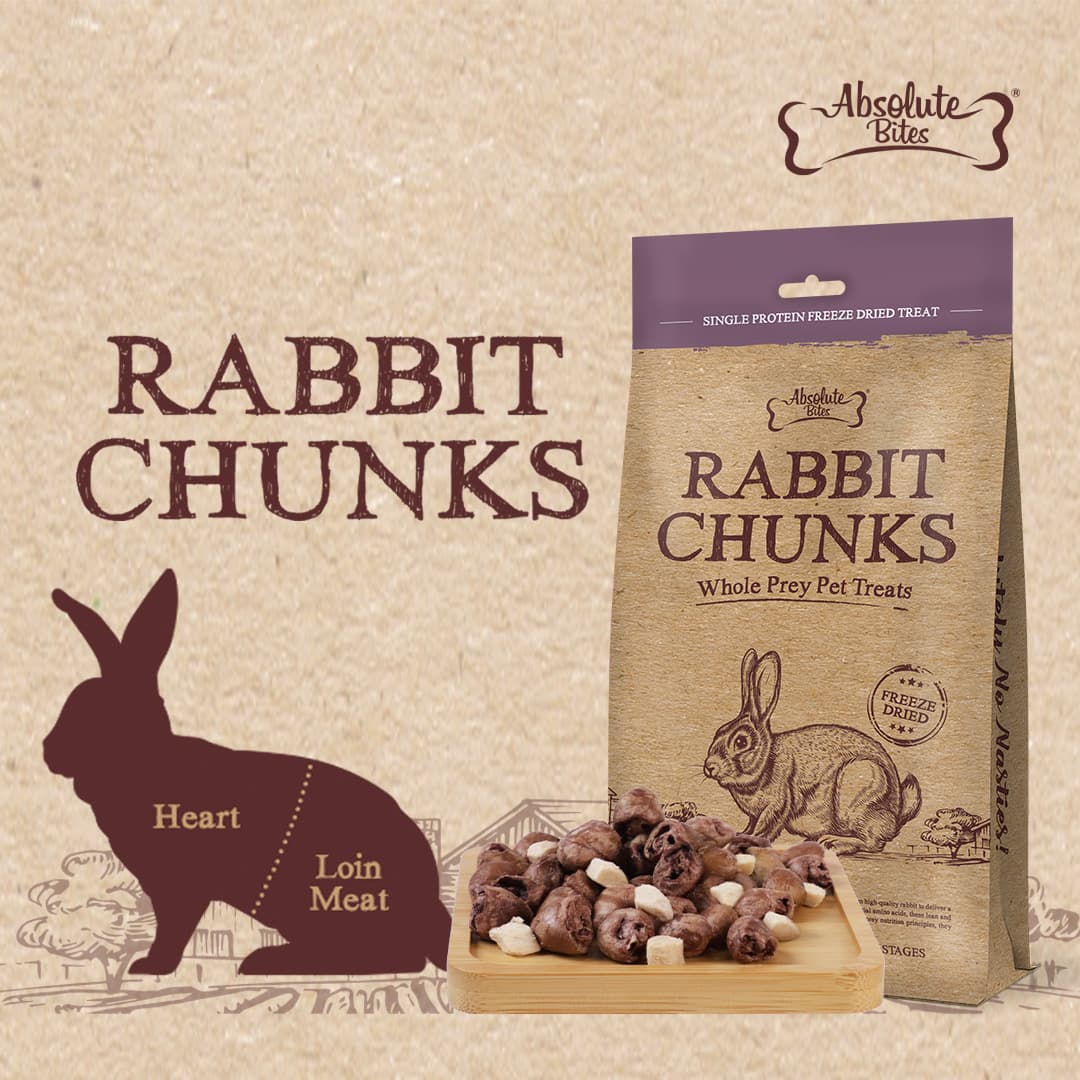 Absolute Bites Single Protein Whole Prey Freeze Dried Treats for Cats & Dogs - Rabbit Chunks (80g) #NEW