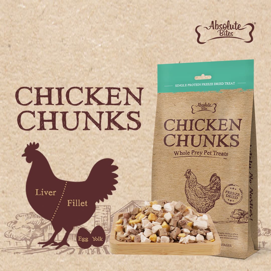Absolute Bites Single Protein Whole Prey Freeze Dried Treats for Cats & Dogs - Chicken Chunks (80g) #NEW