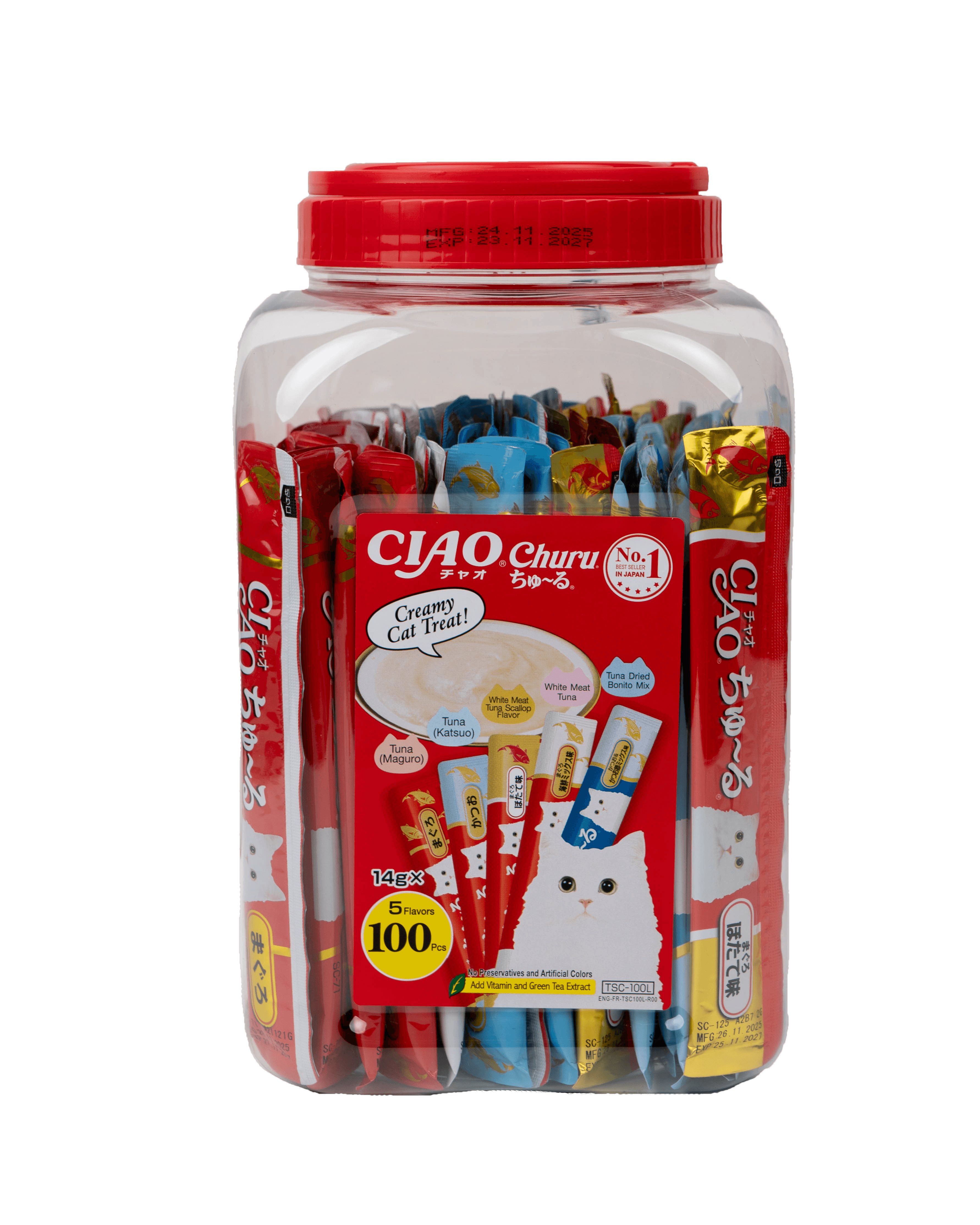 Ciao Churu Cat Treats (20 x 5 flavours: Skipjack/White Meat/Scallop/Dried Bonito/Tuna), 14g x 100