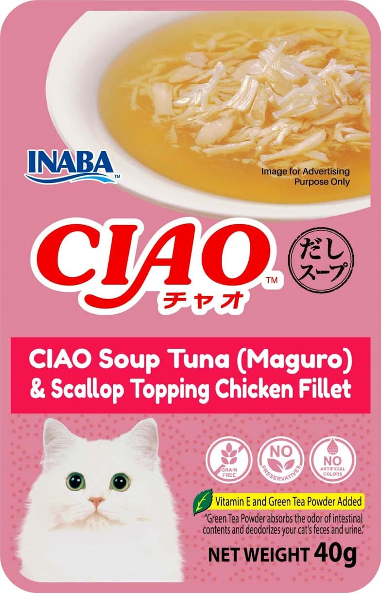 Ciao Clear Soup Pouch Wet Cat Food (Chicken with Maguro & Scallop), 40g x 16