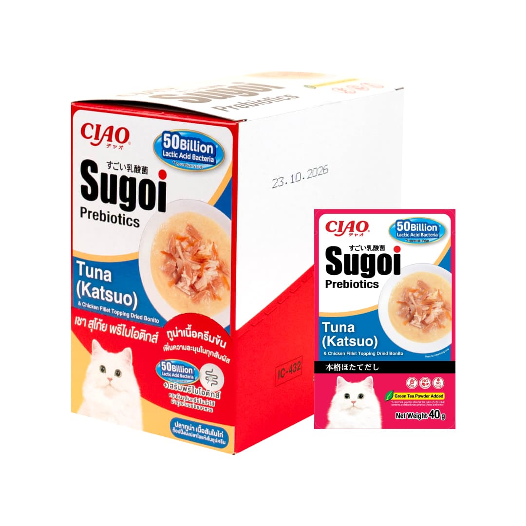 Ciao Sugoi Pouch Chicken Fillet Plus Prebiotics Cat Treats (Tuna (Katsuo) & Dried Bonito), 40g x 16