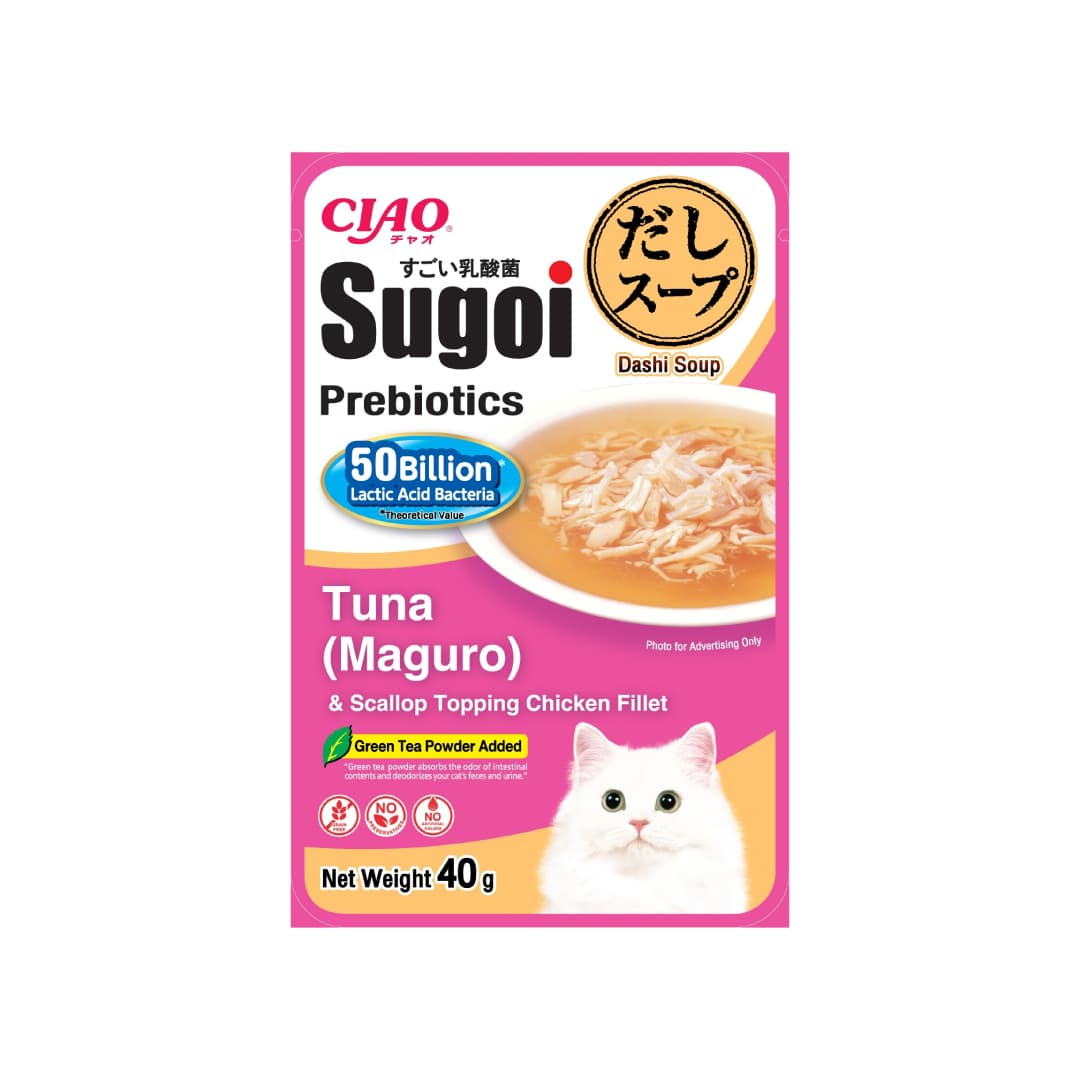 Ciao Sugoi Dashi Soup Chicken Fillet Pouch Plus Prebiotics Cat Treats (Tuna (Maguro) & Scallop), 40g