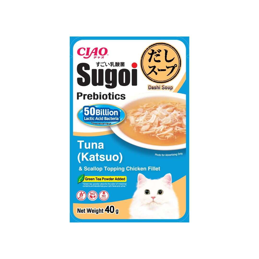 Ciao Sugoi Dashi Soup Chicken Fillet Pouch Plus Prebiotics Cat Treats (Tuna (Katsuo) & Scallop), 40g