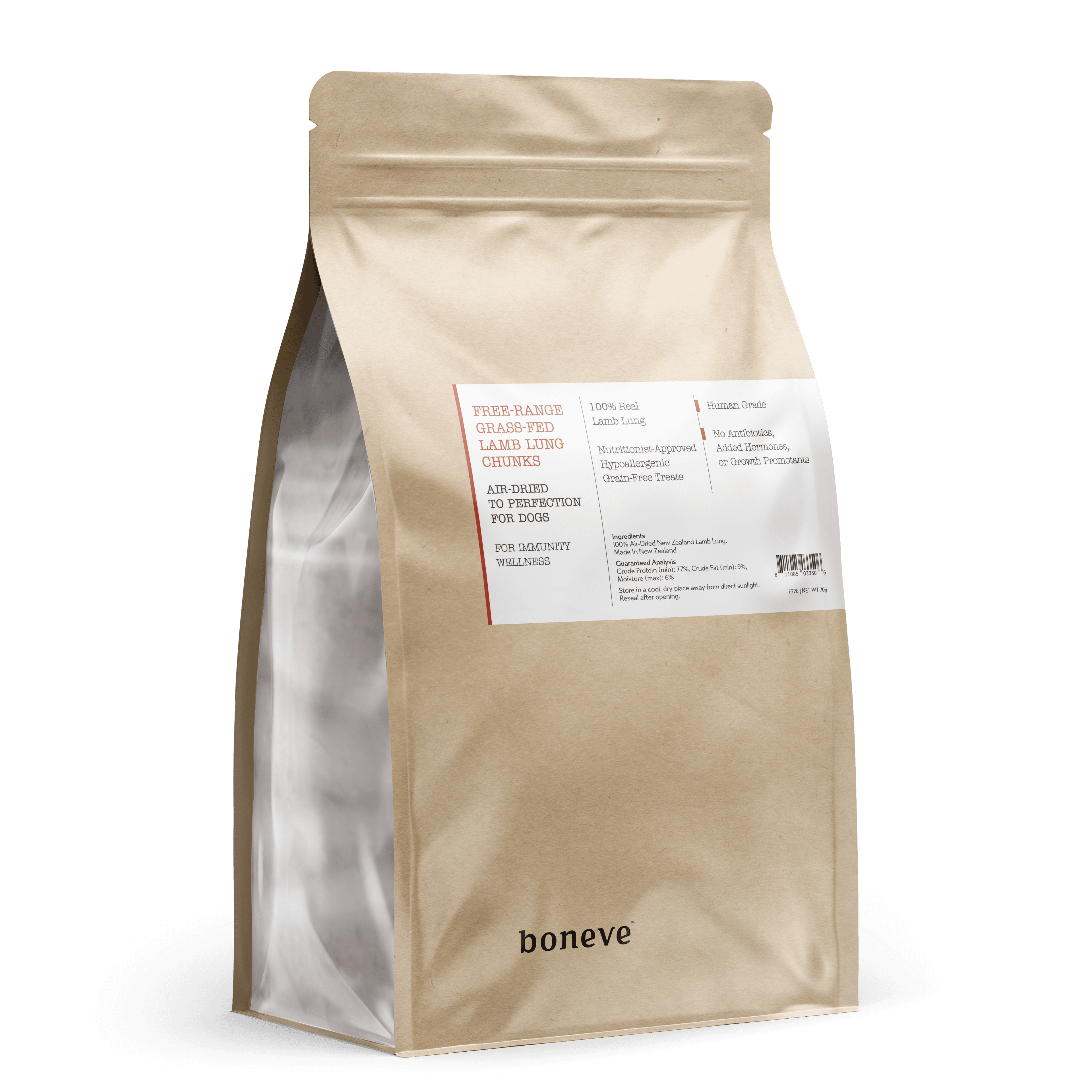 Boneve Air Dried Dog Treats (Lamb Lung Chunks), 70g